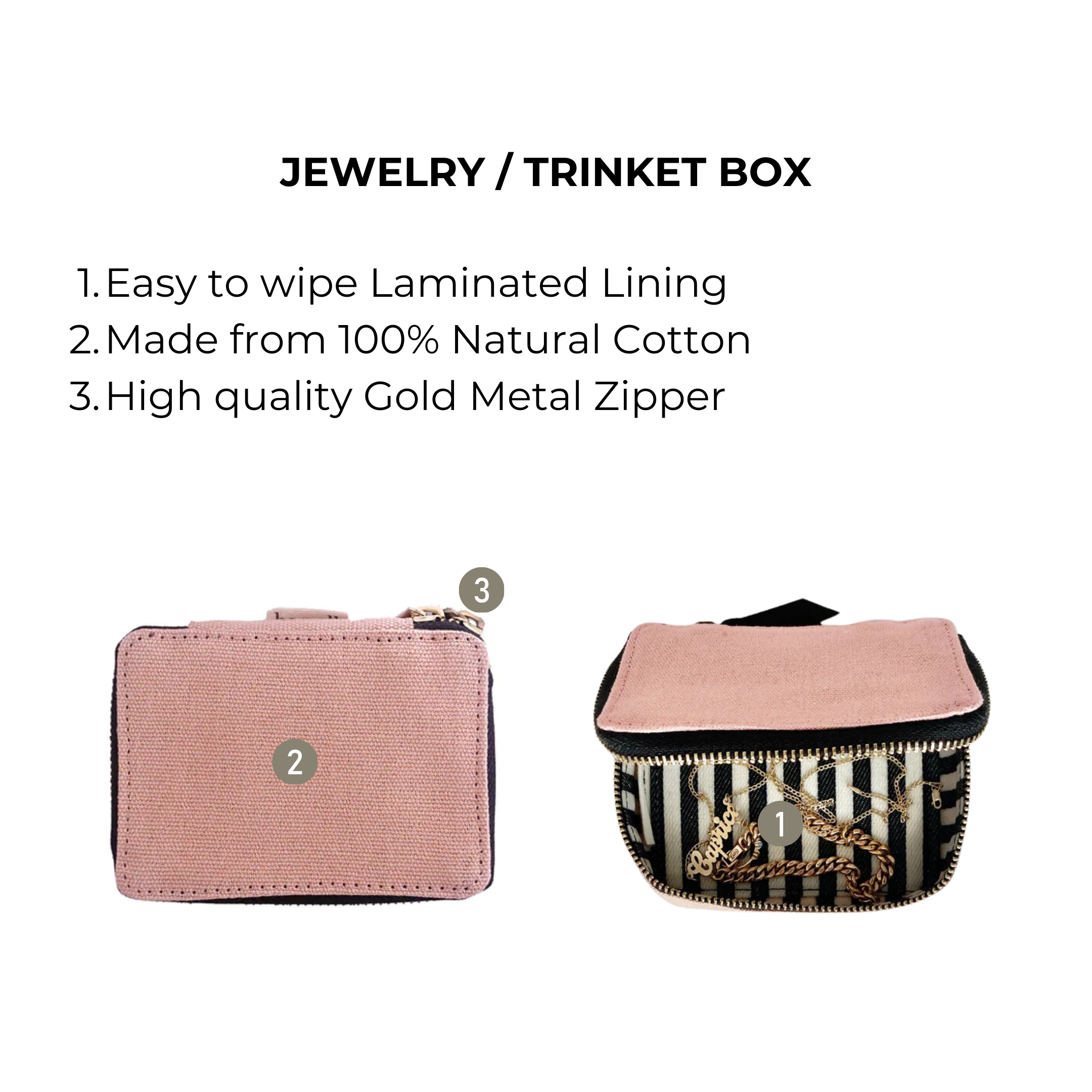 Bag-all Pink Jewelry/Trinket Box with striped lining, gold zipper, 100% cotton construction - perfect for organizing small accessories and travel use. Compact, stylish storage solution.