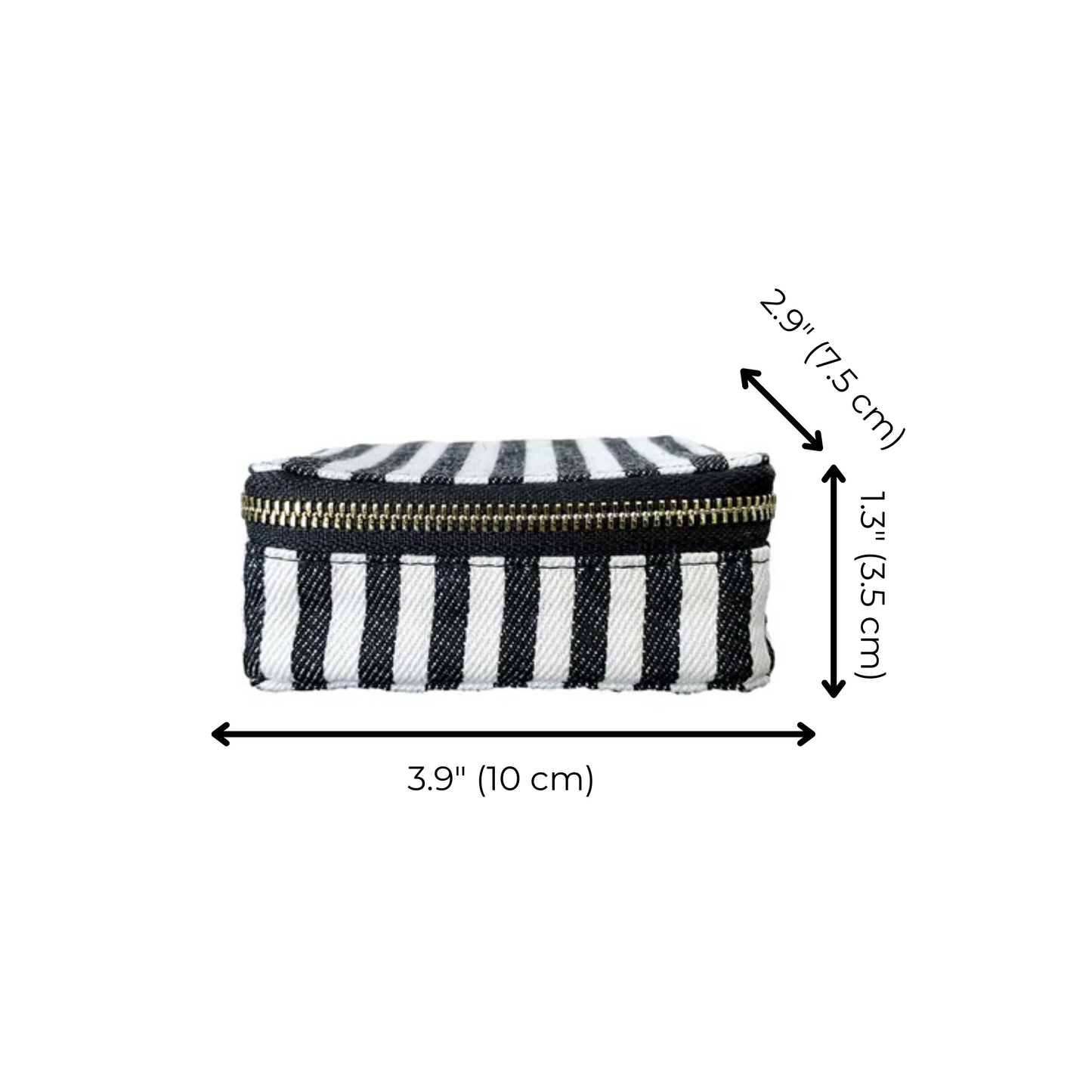Bag-all Striped Jewelry Box with gold zipper, black and white vertical stripes, compact travel size 10x5.5cm, perfect for organizing small accessories
