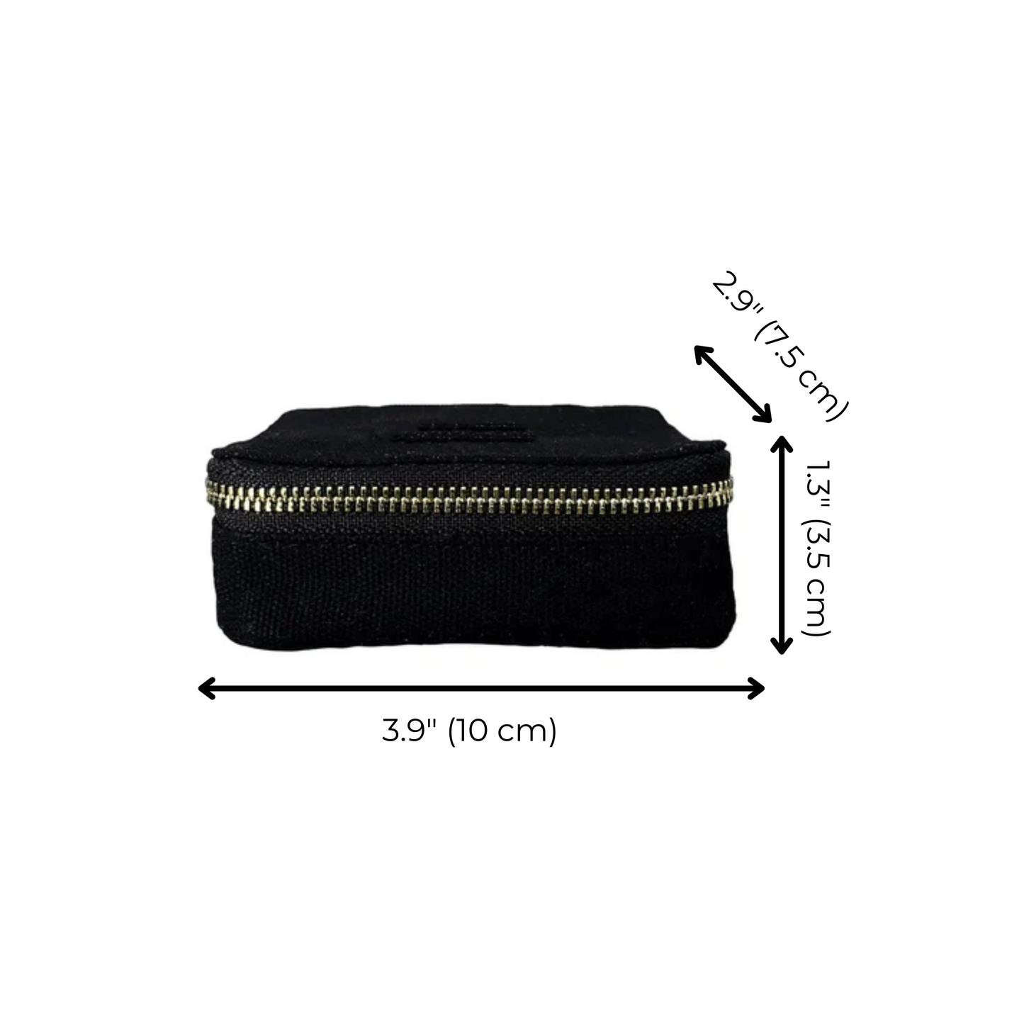 Bag-all black jewelry trinket box with gold zipper, compact travel size 3.9x1.3x1.3 inches, perfect for organizing small accessories and valuables