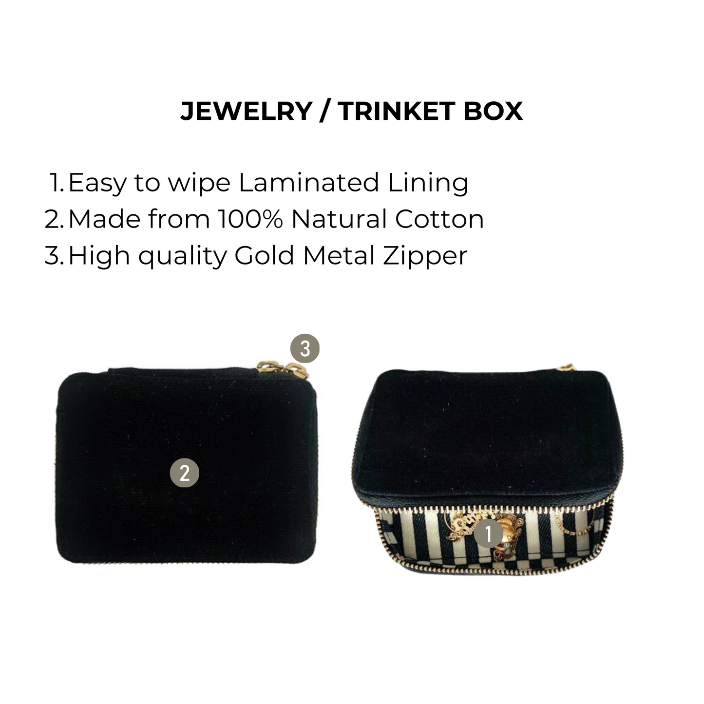 Bag-all Black Jewelry/Trinket Box with gold zipper, striped cotton lining, compact size for travel and organization. Features durable laminated interior and premium construction.