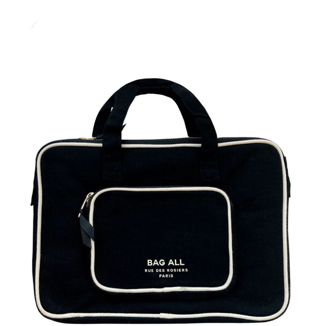 Bag-all black laptop case 13 inch with front charger pocket, and white trim detail, featuring dual carrying handles and padded protection for devices