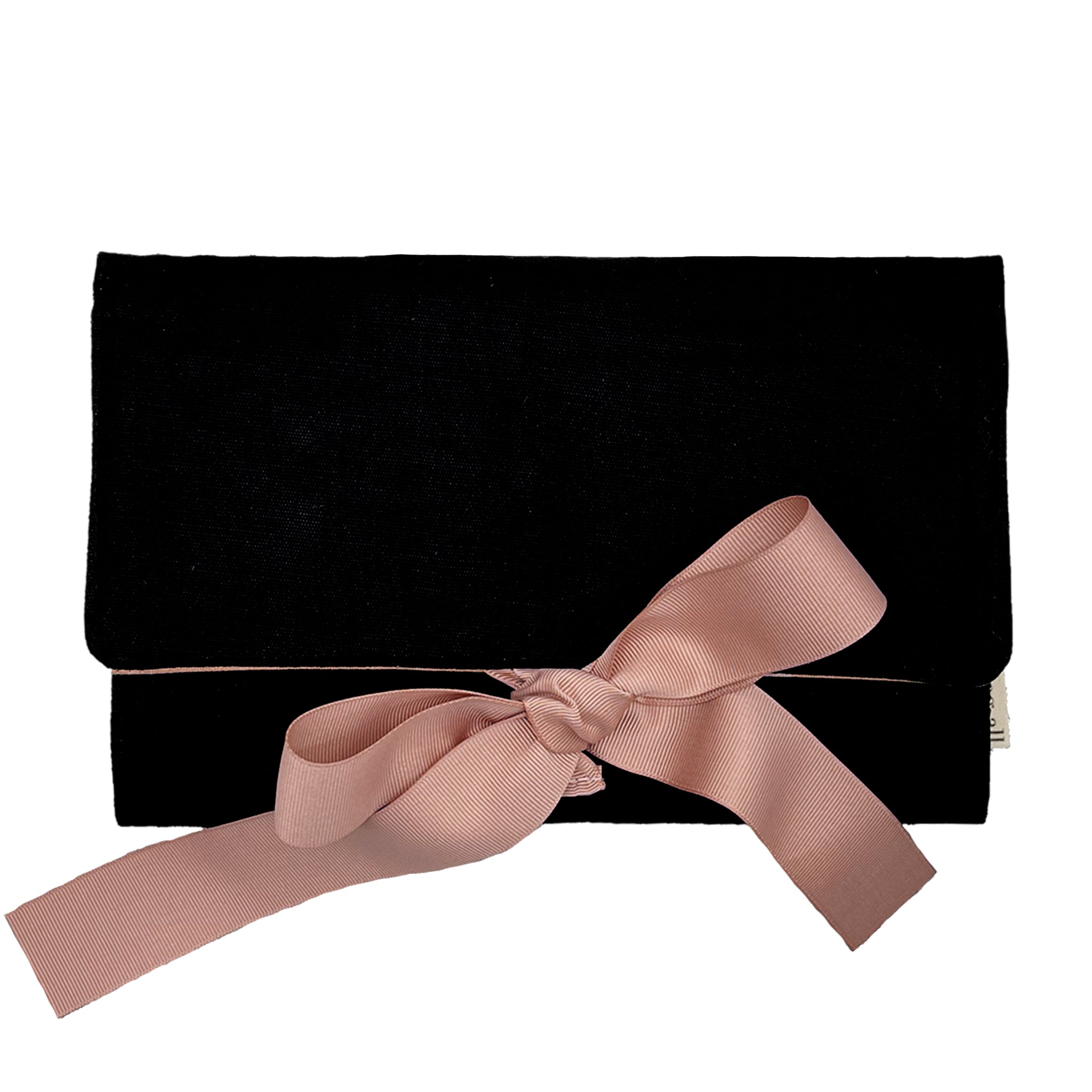 Bag-all Large Jewelry Roll in elegant black velvet with blush pink bow, perfect for organizing and protecting jewelry while traveling or at home