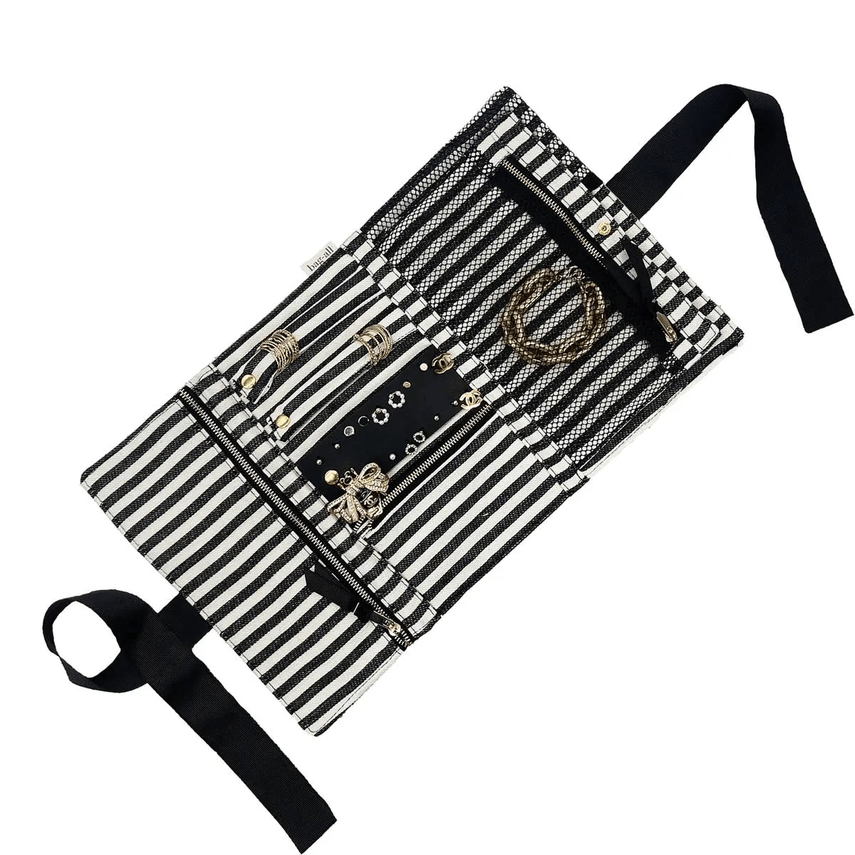 Bag-all Large Jewelry Roll in stylish black and white stripes with multiple compartments and secure ties, perfect for travel organization and storage of precious jewelry pieces