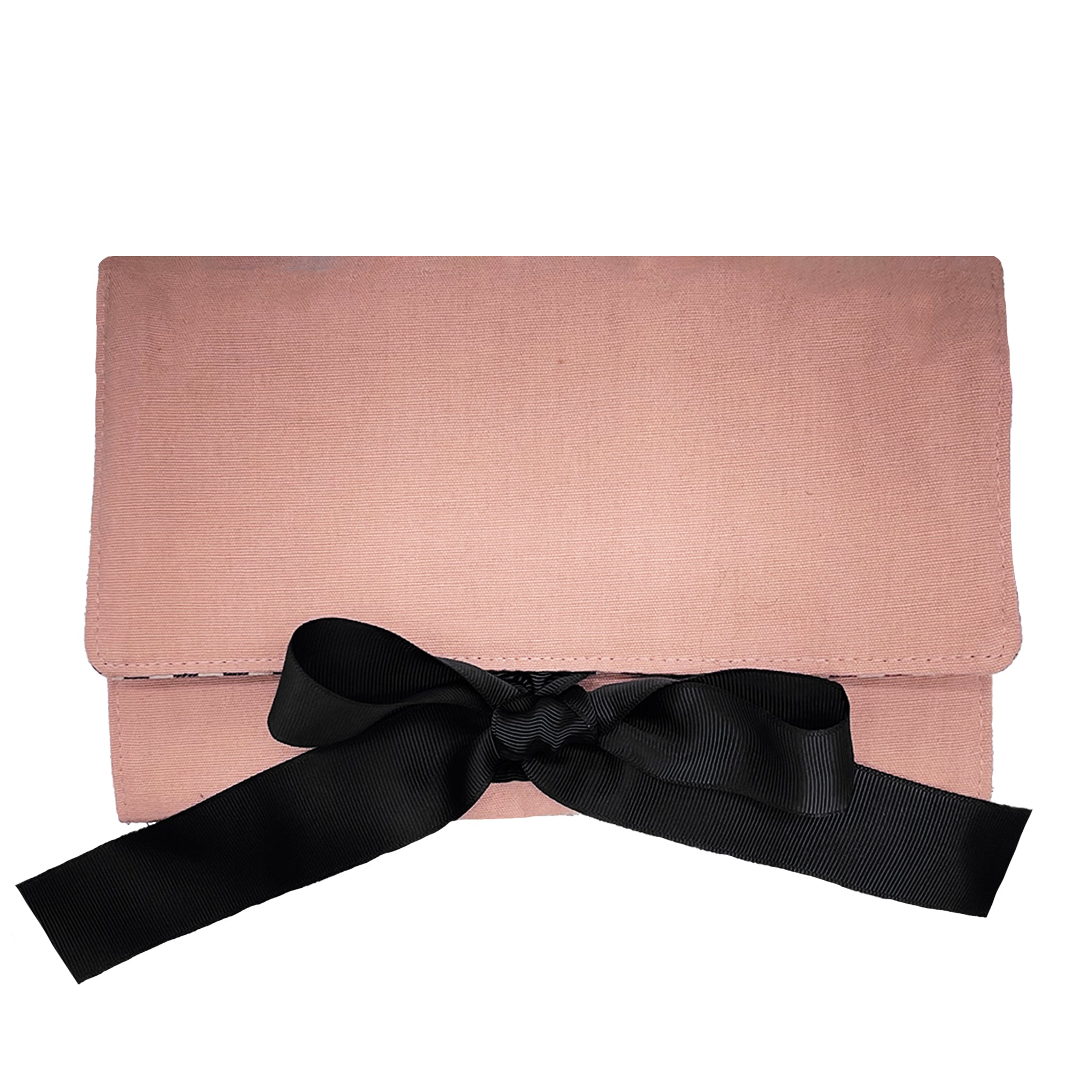 Bag-all Large Jewelry Roll in blush pink with elegant black bow, perfect for organizing and protecting jewelry while traveling or at home