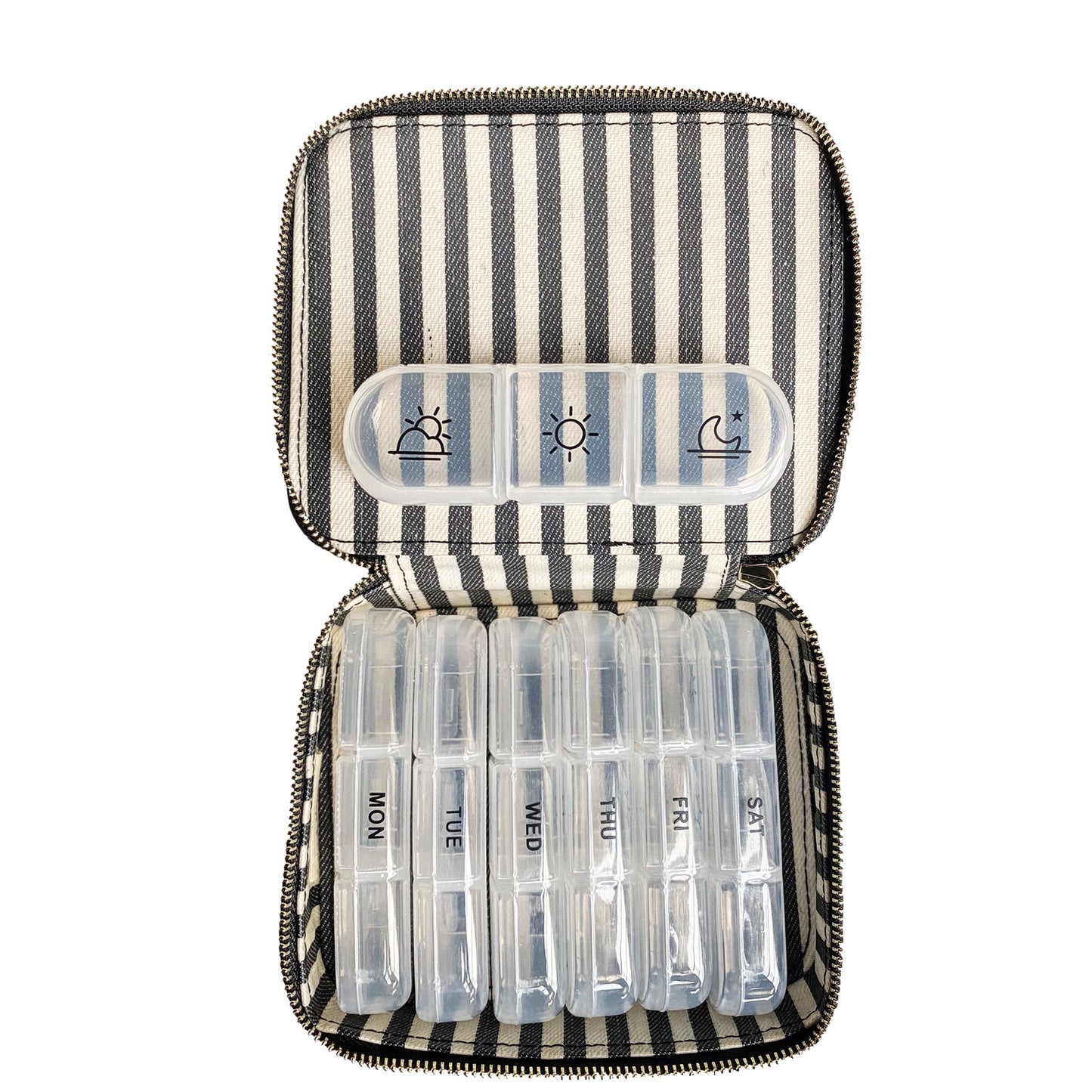 Bag-all Large Pill Travel Case featuring striped cotton design, transparent daily compartments, and morning/afternoon/evening indicators, shown open with organized pill sections