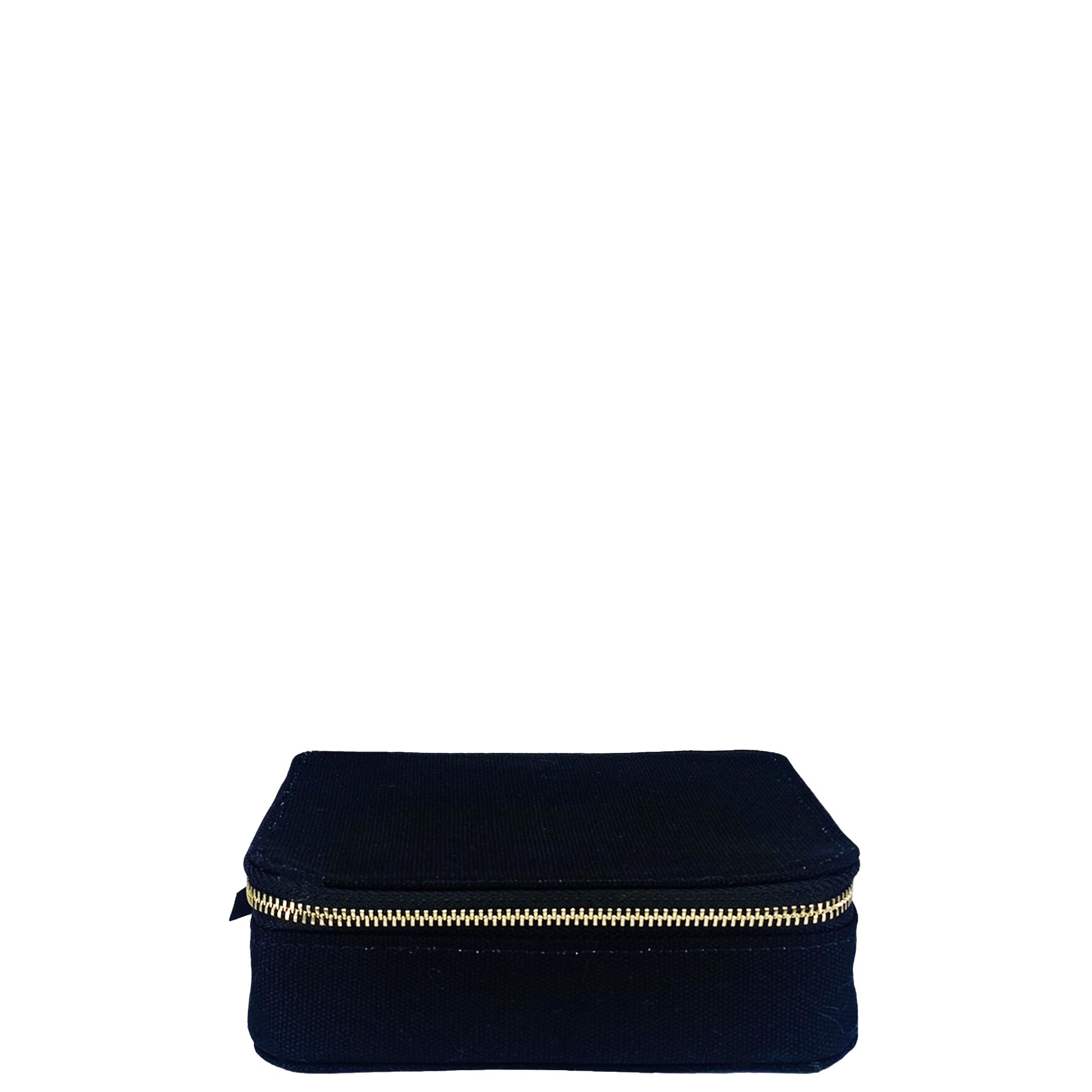 Bag-all Large Pill Travel Case in black cotton with gold zipper, featuring daily organizer compartments for medication storage and travel convenience