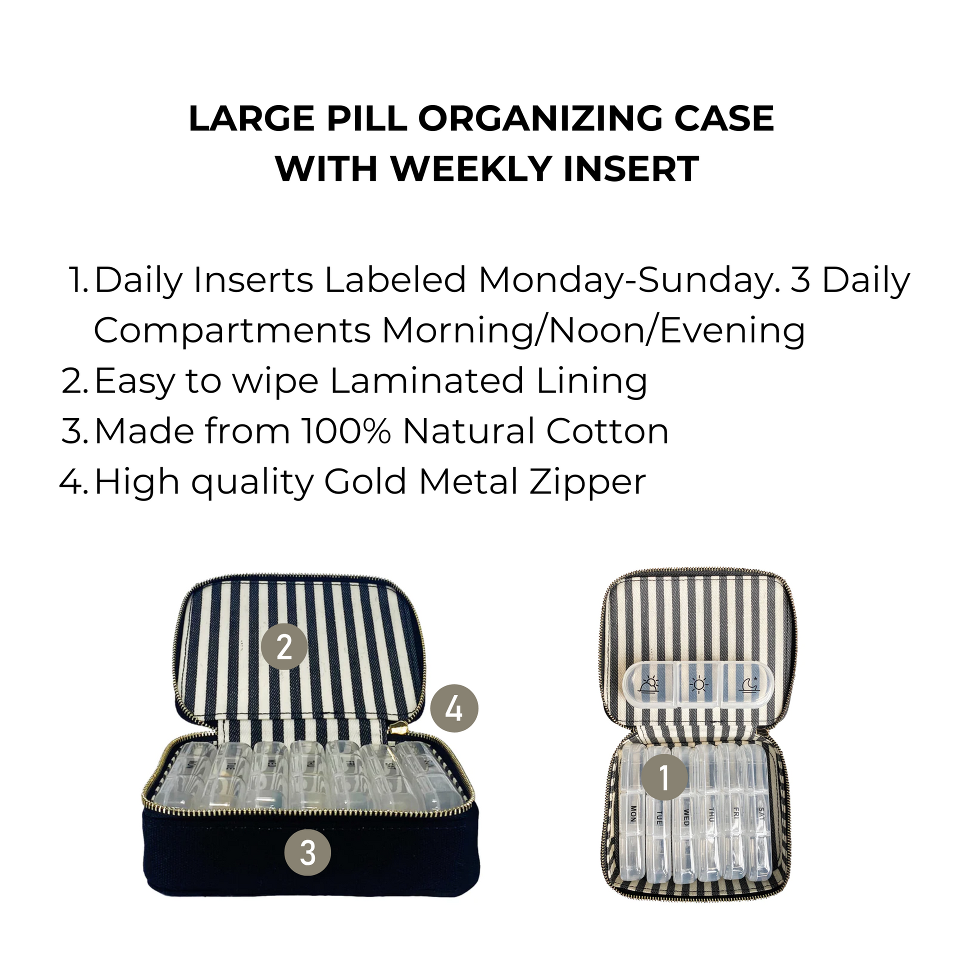 Bag-all Large Pill Travel Case in black cotton features striped interior, daily organizer with Monday-Sunday compartments, gold zipper, and laminated lining for medication management and travel
