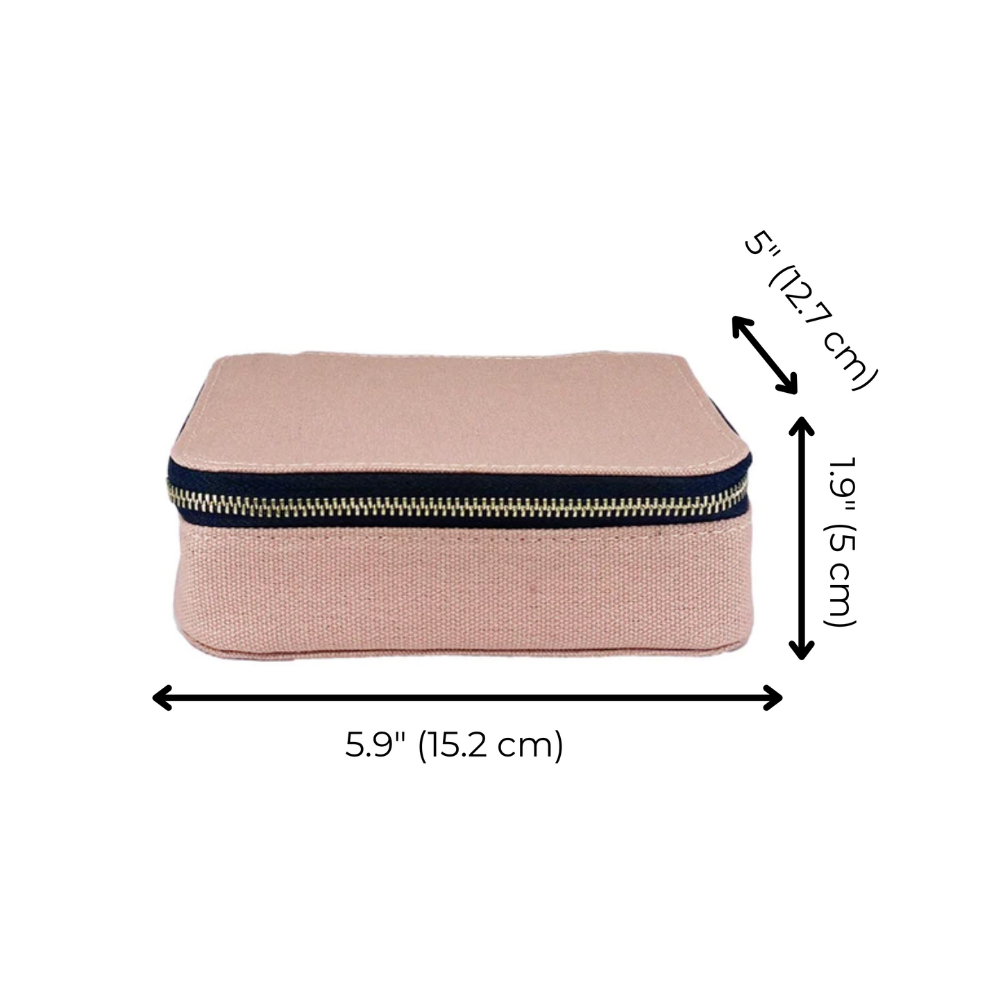 Bag-all Large Pill Travel Case in blush pink cotton with daily organizer compartments, black zipper closure, measures 5.9x1.9x5 inches, perfect for medication storage