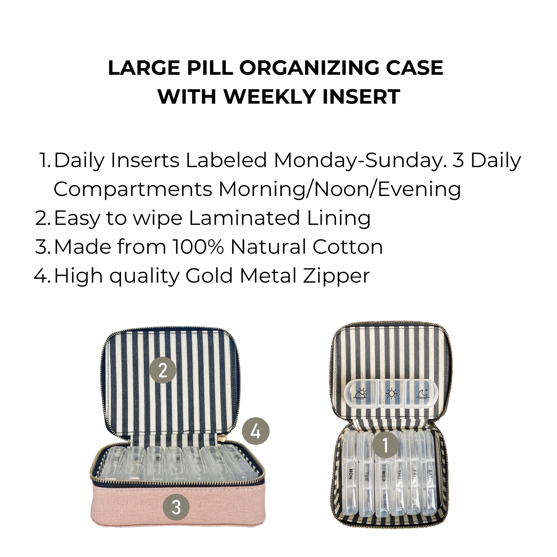 Bag-all Large Pill Travel Case in pink with striped interior, featuring daily organizer inserts, cotton construction, gold zipper, and labeled compartments for morning/noon/evening medication storage