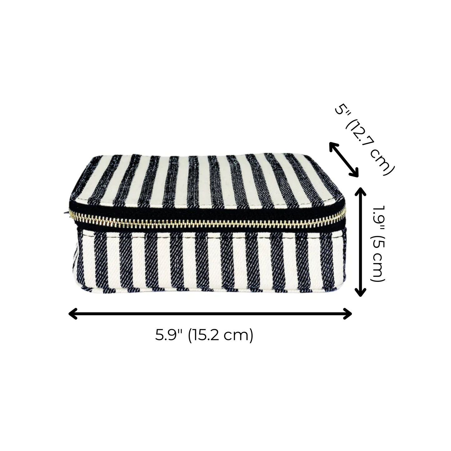 Bag-all Large Pill Travel Case with black and white stripes, featuring secure zipper closure and daily organizer compartments. Measures 5.9x1.9x1.9 inches. Cotton fabric with classic striped pattern.