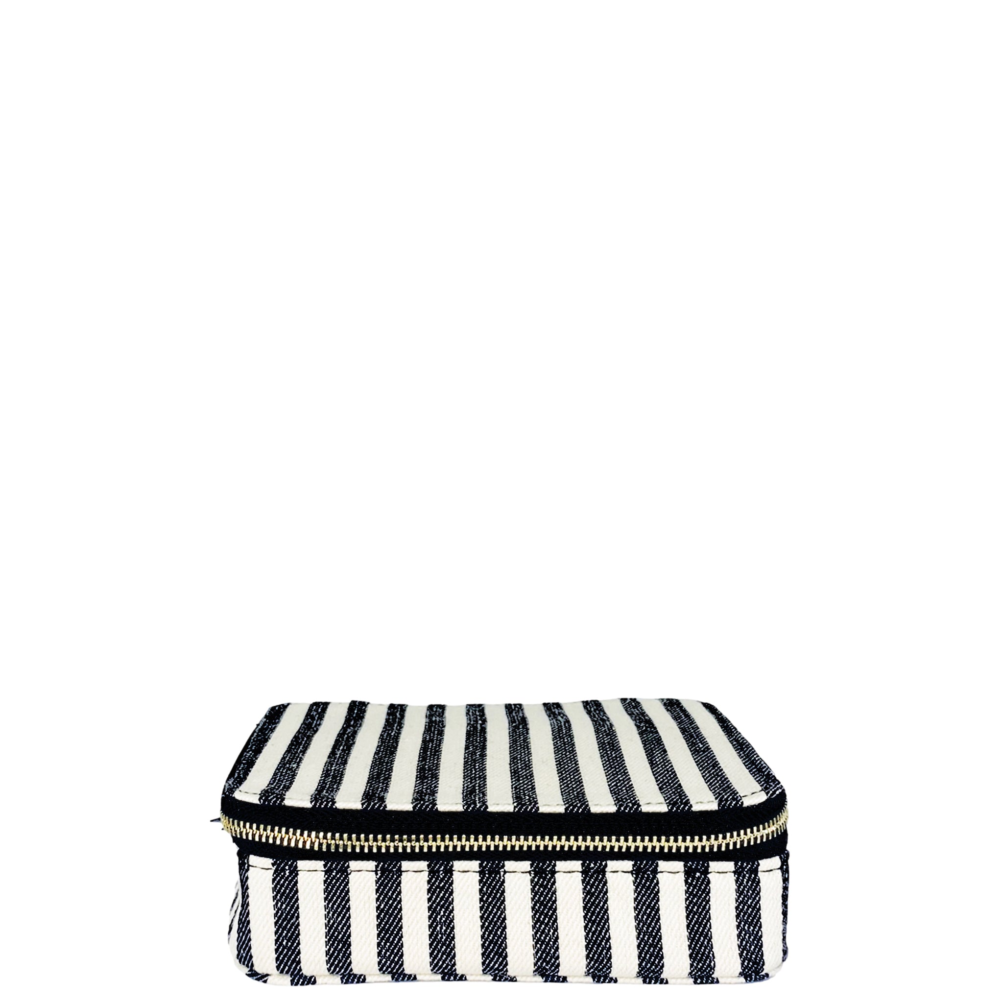 Bag-all Large Pill Travel Case with striped black and white cotton design, featuring daily organizer compartments and secure zipper closure