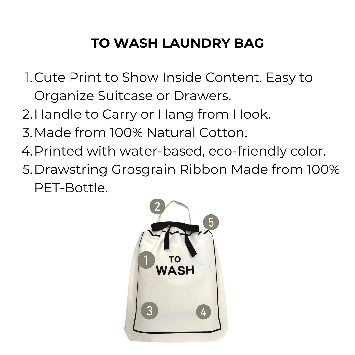 Bag-all To Wash Laundry Bag in cream with black text, featuring eco-friendly cotton construction, hanging handle, and recycled drawstring closure. Perfect for organized travel and home laundry sorting.