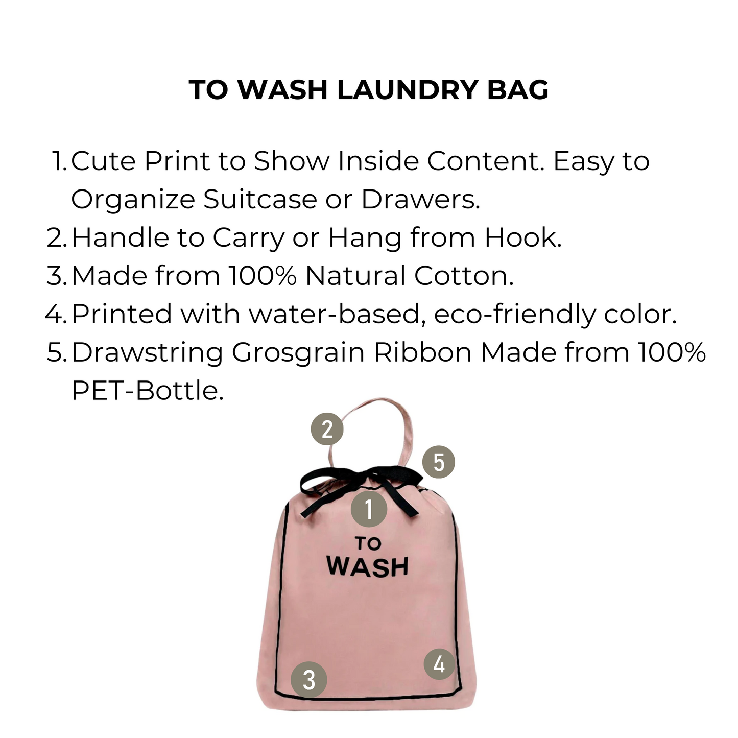 Bag-all To Wash Laundry Bag in pink blush, featuring natural cotton construction, recycled drawstring closure, and hanging handle for organized laundry storage and travel convenience