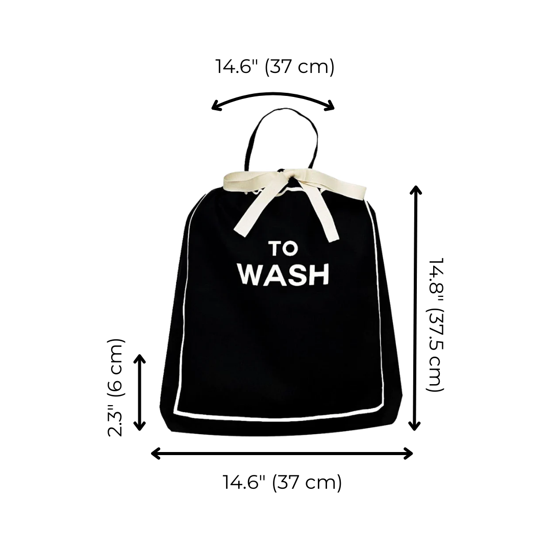 Bag-all To Wash Laundry Bag in black cotton with white drawstring, dimensions 14.6 x 14.8 inches, featuring white text design for organizing dirty clothes