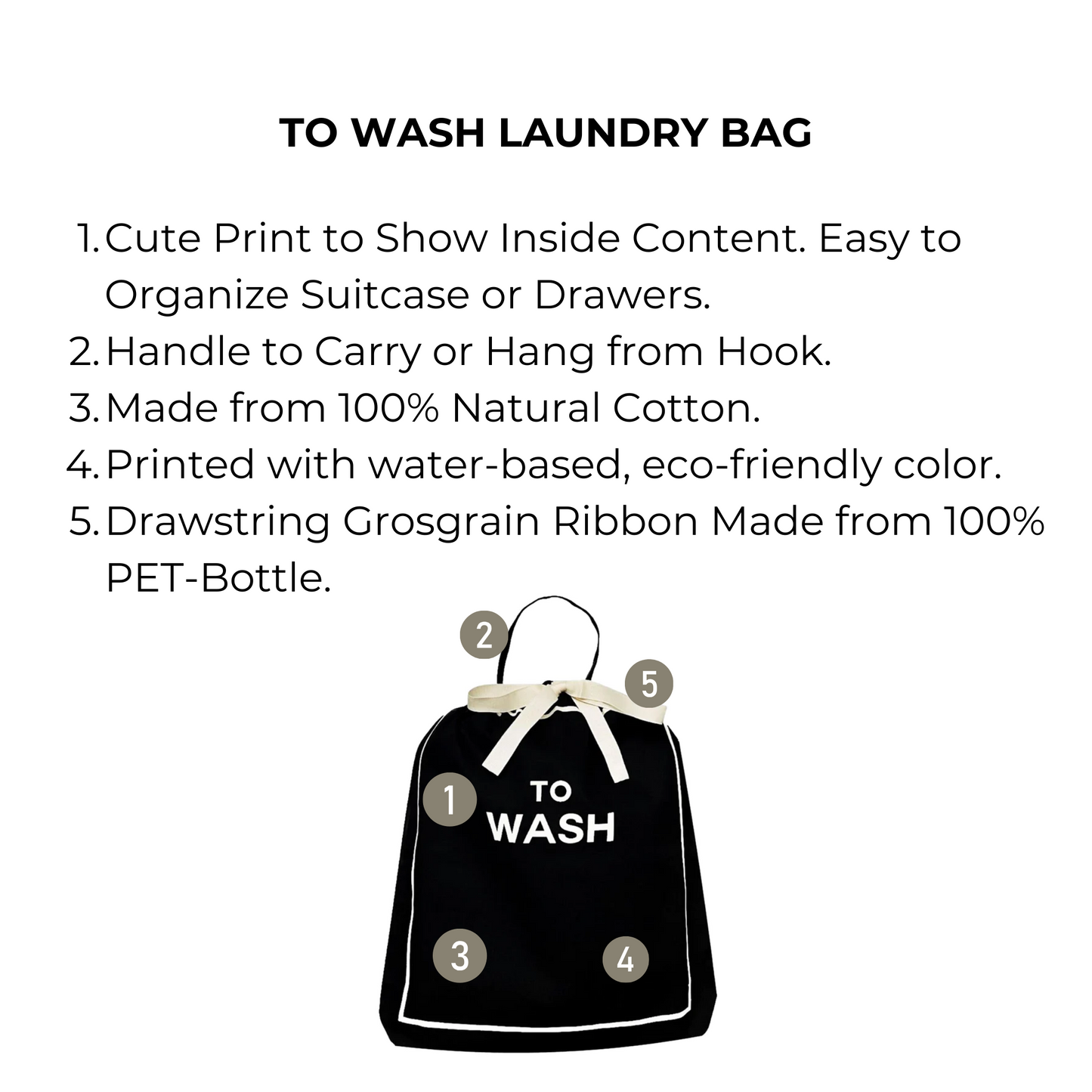 Bag-all To Wash Laundry Bag in black cotton with recycled drawstring, featuring organizational print and eco-friendly design for travel and home laundry sorting