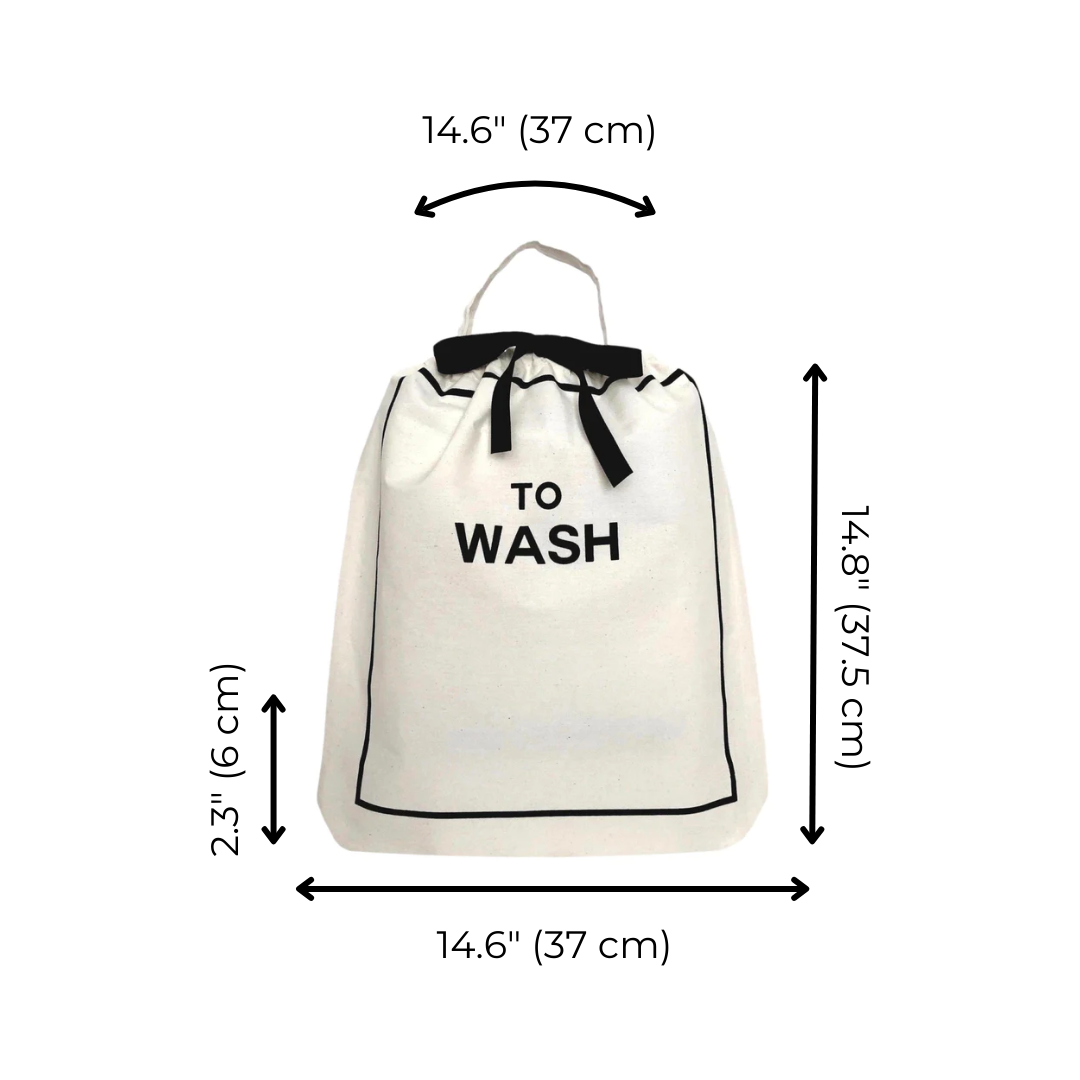 Bag-all To Wash Laundry Bag in cream with black trim and text, featuring drawstring closure and carrying handle. Product dimensions shown with measurements in both inches and centimeters.