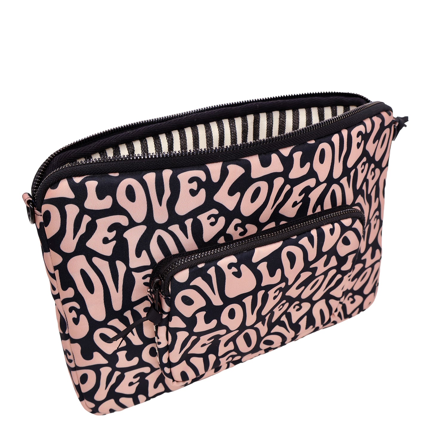 Bag-all 13" Love Pattern Laptop Case with charger pocket featuring pink retro-style love text design, striped interior lining, and protective padding for laptops