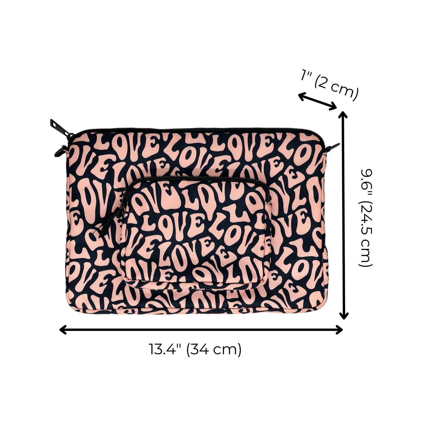 Bag-all 13" Laptop Case with Love Pattern in pink and black, featuring charger pocket and protective padding, made from recycled PET with stylish retro typography design