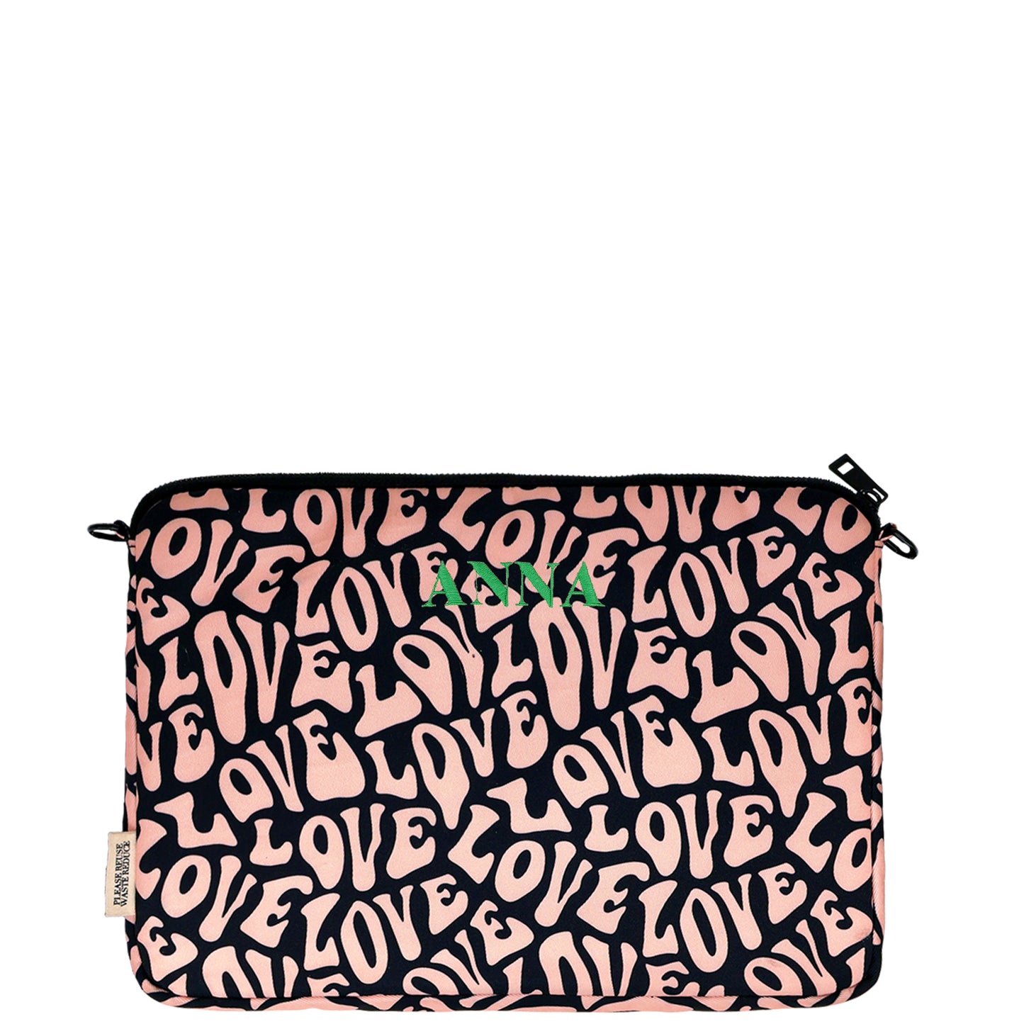 Bag-all 13" Laptop Case with Love Pattern in pink and black, featuring charger pocket, padded protection, and eco-friendly recycled PET material with secure zipper closure