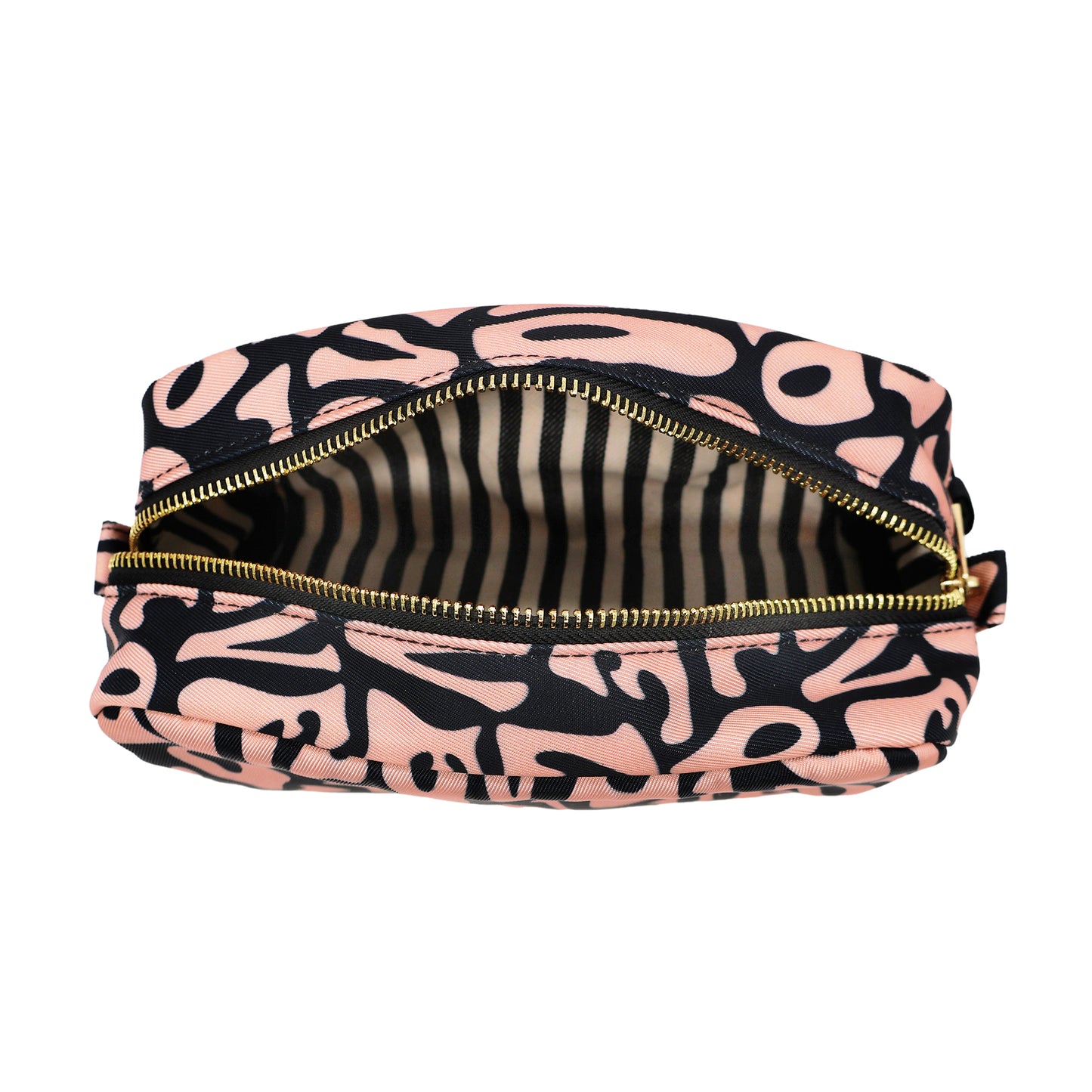 Bag-all Toiletry Pouch Love Pattern in pink and black with abstract design, striped interior lining, gold zipper, eco-friendly recycled material, water-resistant travel organizer