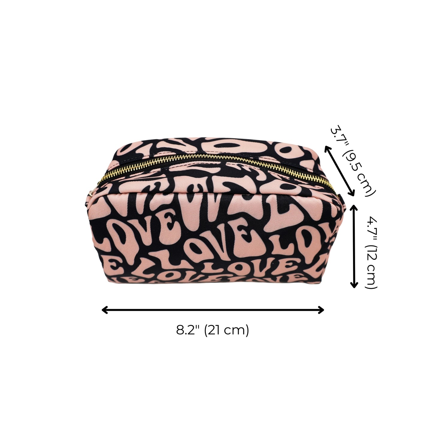 Bag-all Toiletry Pouch with pink and black love pattern design, featuring eco-friendly recycled PET material, zip closure, compact size 8.2x4.7x3.7 inches, water-resistant interior