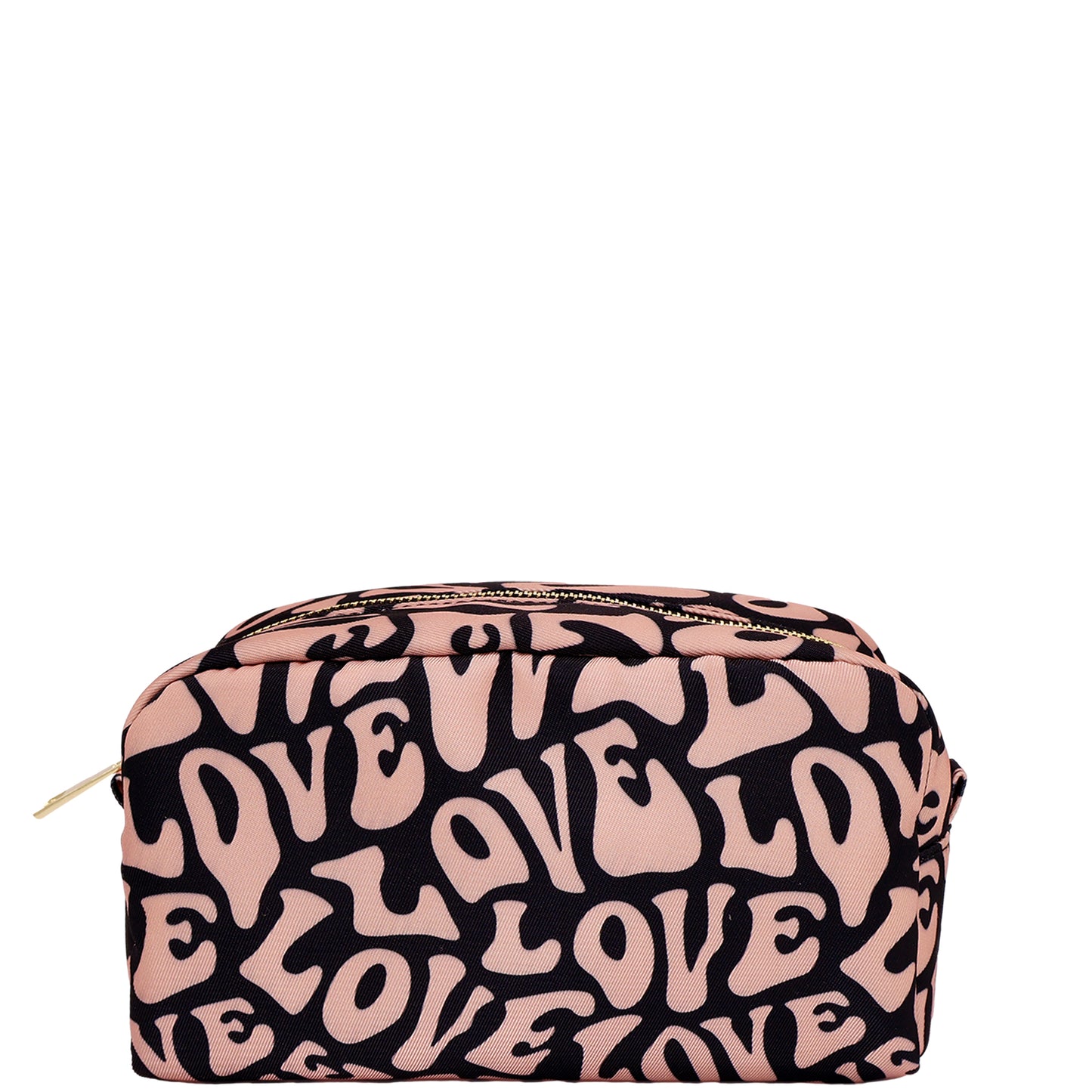 Bag-all Toiletry Pouch featuring pink and black love pattern design, eco-friendly travel organizer made from recycled PET with water-resistant interior and zipper closure