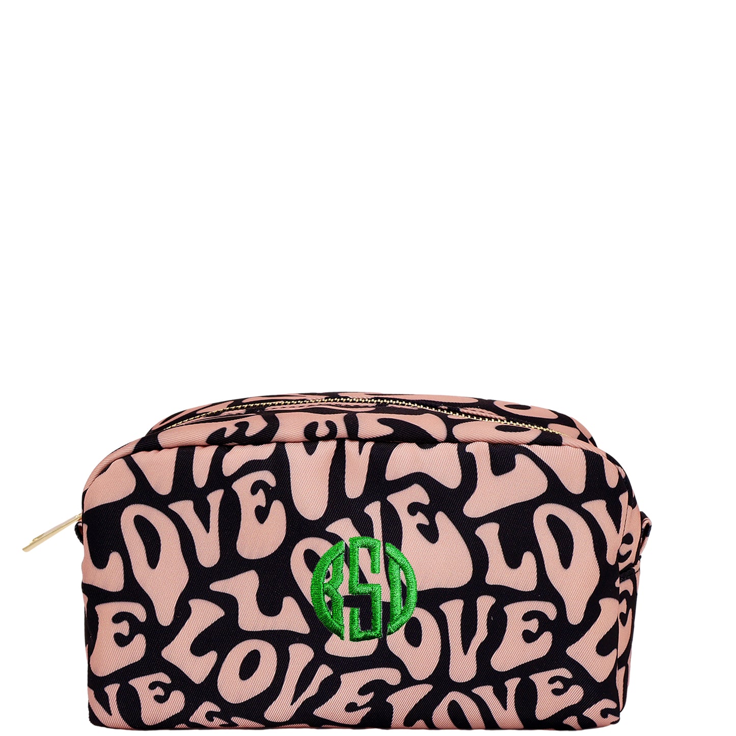 Bag-all Toiletry Pouch featuring pink and black retro love pattern design with green monogram, eco-friendly travel organizer made from recycled PET bottles