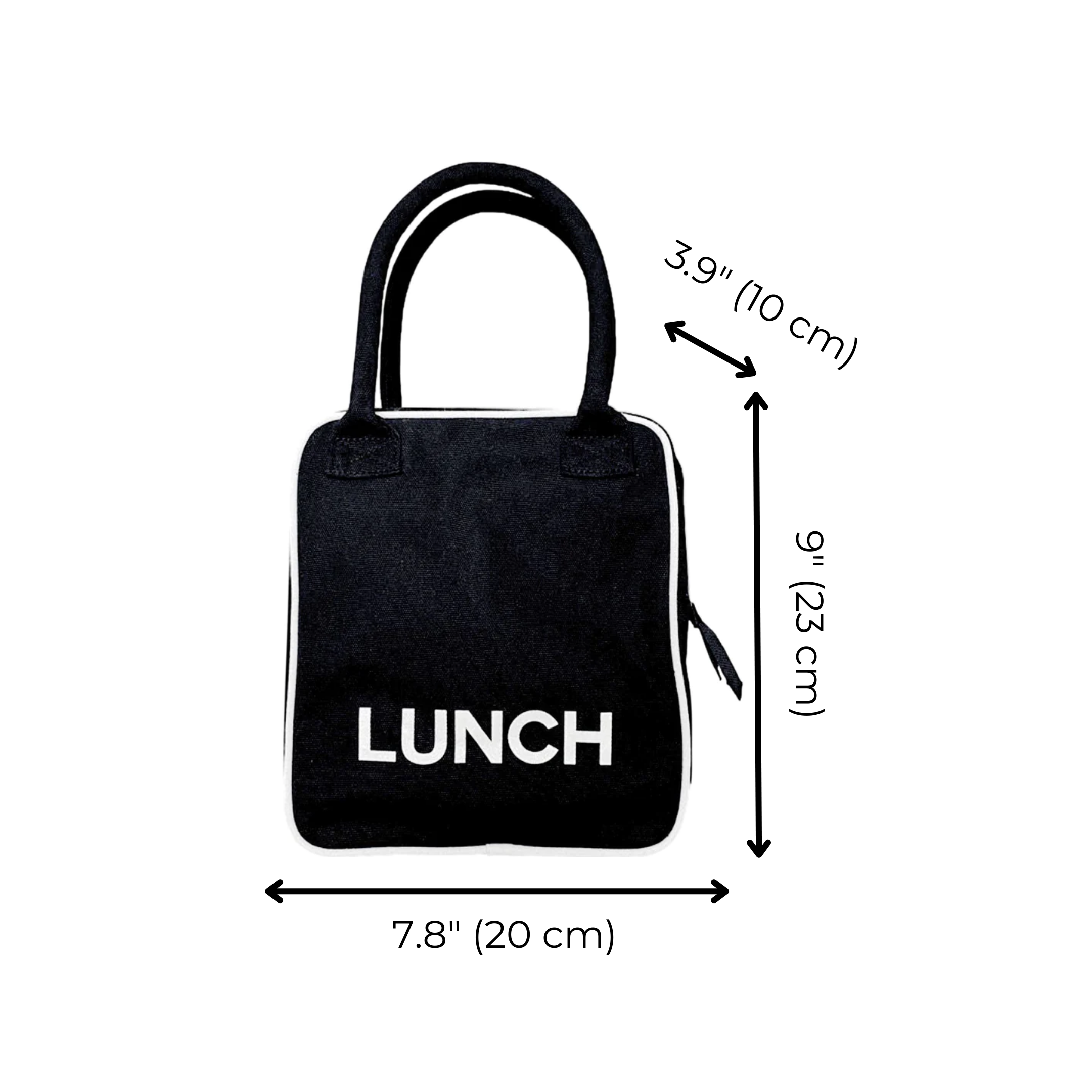 Bag-all Lunch Box Insulated Black - Compact cotton lunch bag with white piping, measuring 7.8x9x3.9 inches, featuring padded handle and metal zipper for convenient carrying