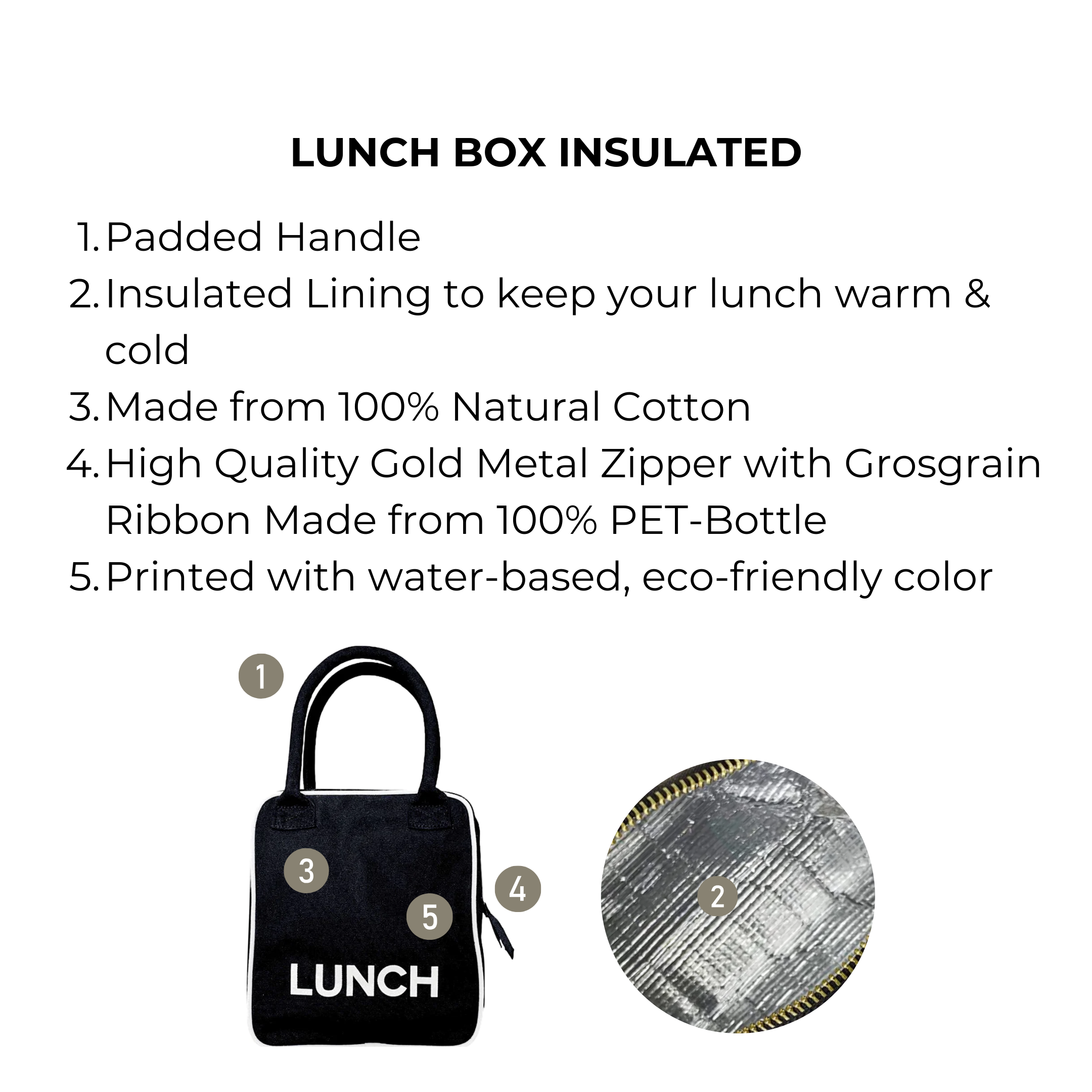 Bag-all Black Insulated Lunch Box with padded handle, eco-friendly cotton exterior, thermal lining, and premium metal zipper - perfect for keeping food fresh at work, school, or travel