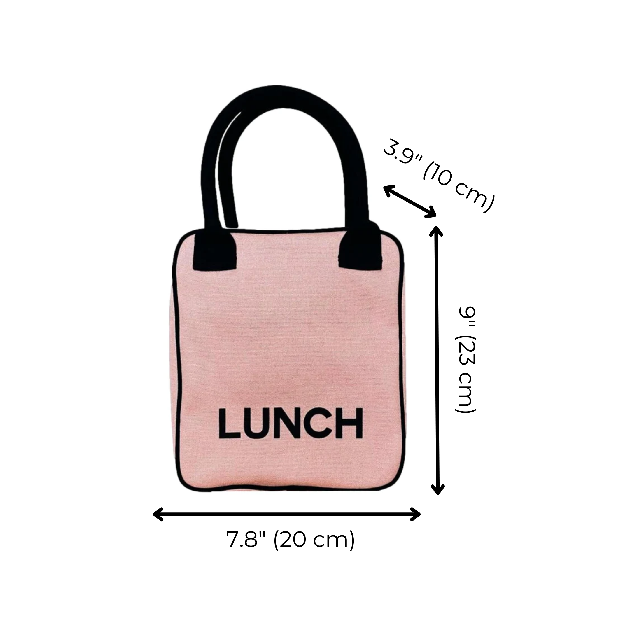 Bag-all Lunch Box Insulated in blush pink cotton with black handles and "LUNCH" text, showing dimensions: 7.8" width, 9" height, 3.9" depth - stylish insulated carrier