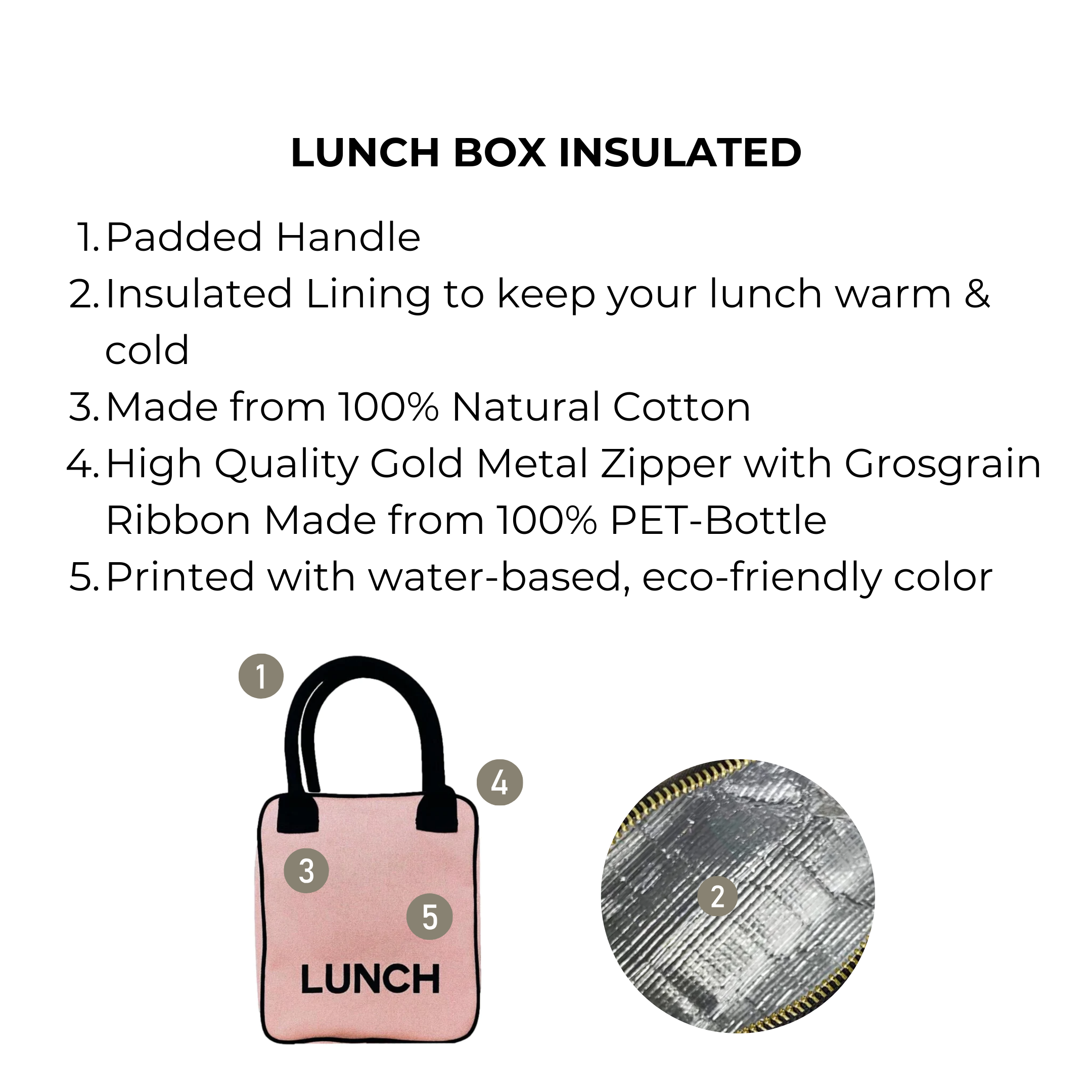 Bag-all pink insulated lunch box with padded handle, eco-friendly cotton material, gold metal zipper, and thermal lining for temperature control. Perfect for work, school, or daily use.