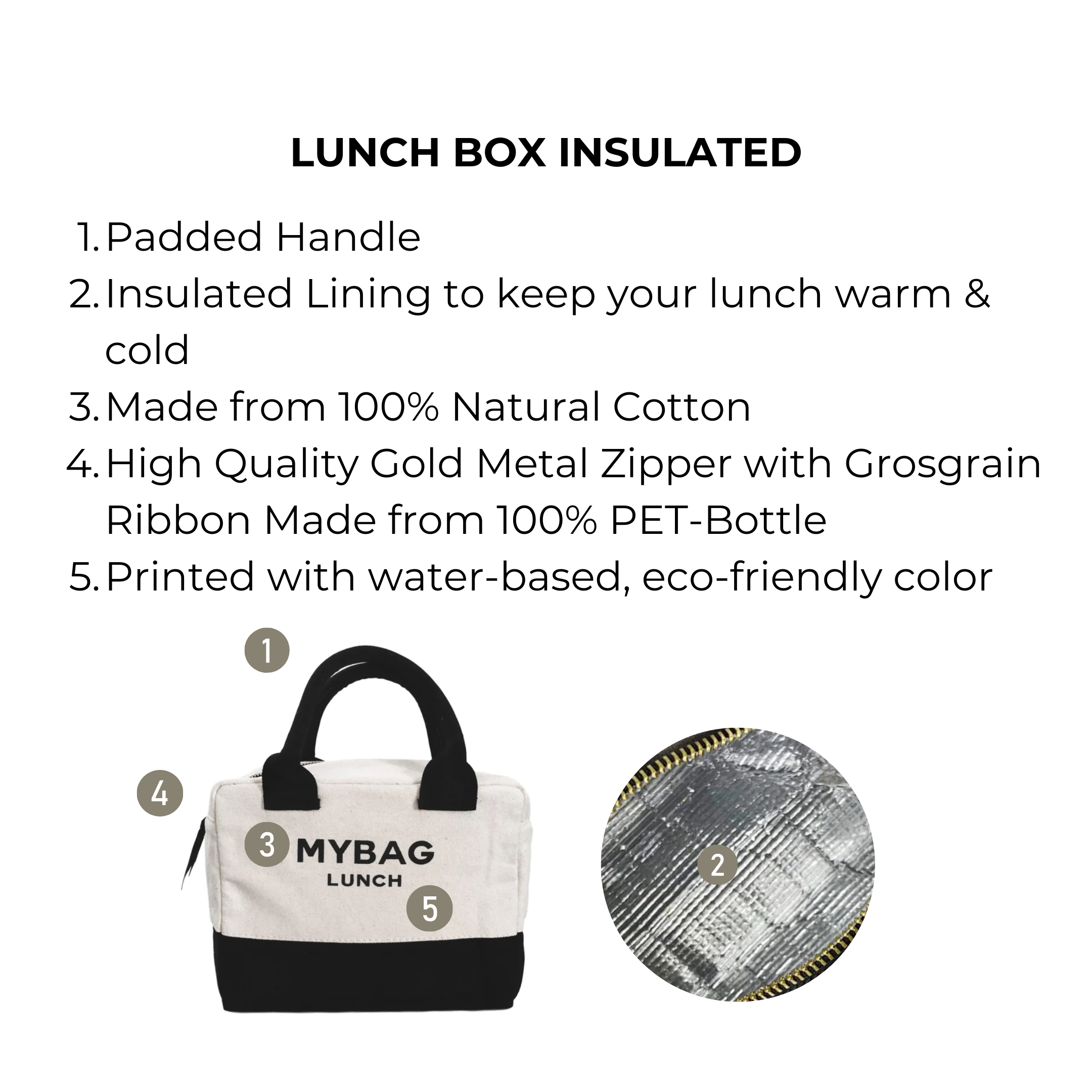Bag-all Lunch Box Insulated in cream cotton with thermal lining, padded handle, and eco-friendly gold zipper. Features black accents and keeps food at ideal temperature. Perfect for office, school, or travel.