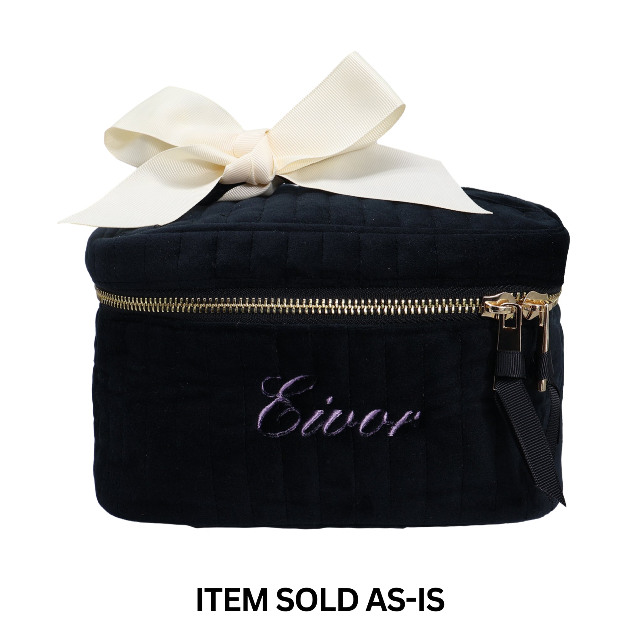 Bag-all black quilted eco velvet makeup case with gold zipper and cream ribbon monogram error final sale item