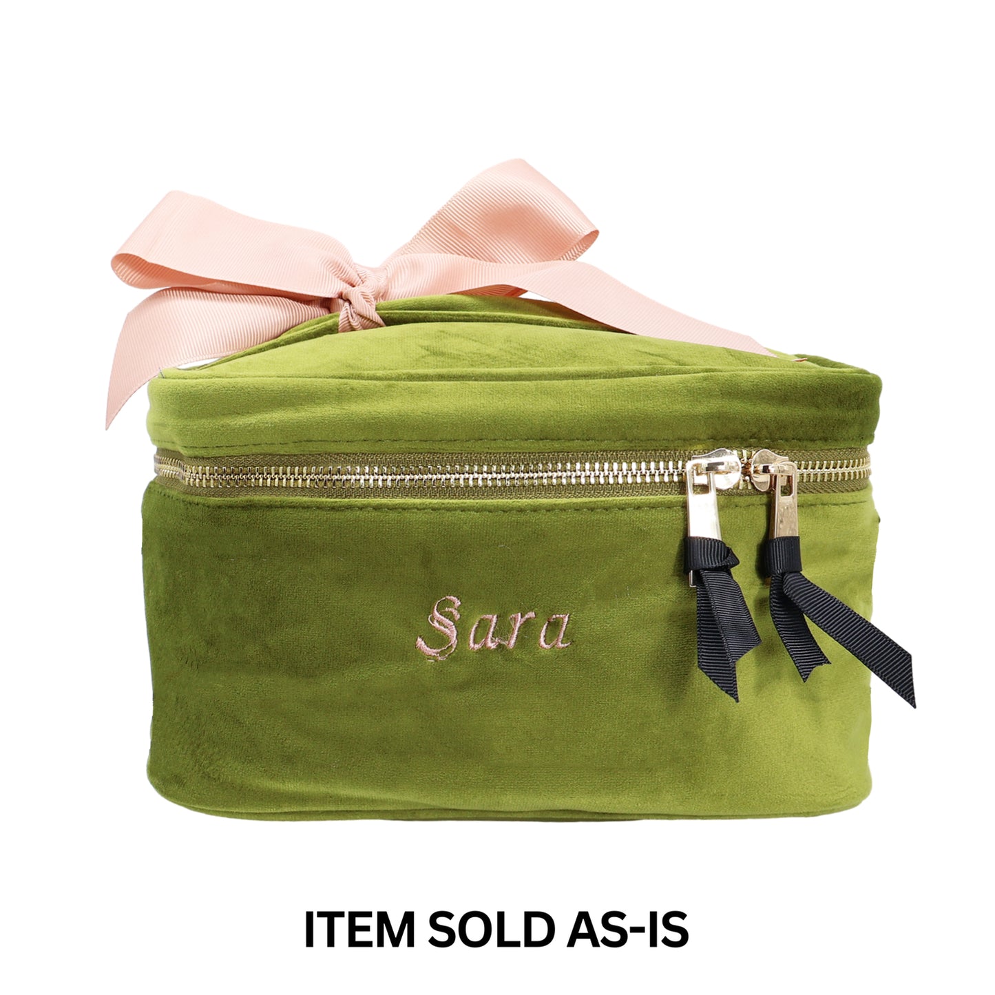 Bag-all green eco velvet small makeup case with gold zipper and pink ribbon monogram final sale item sold as-is