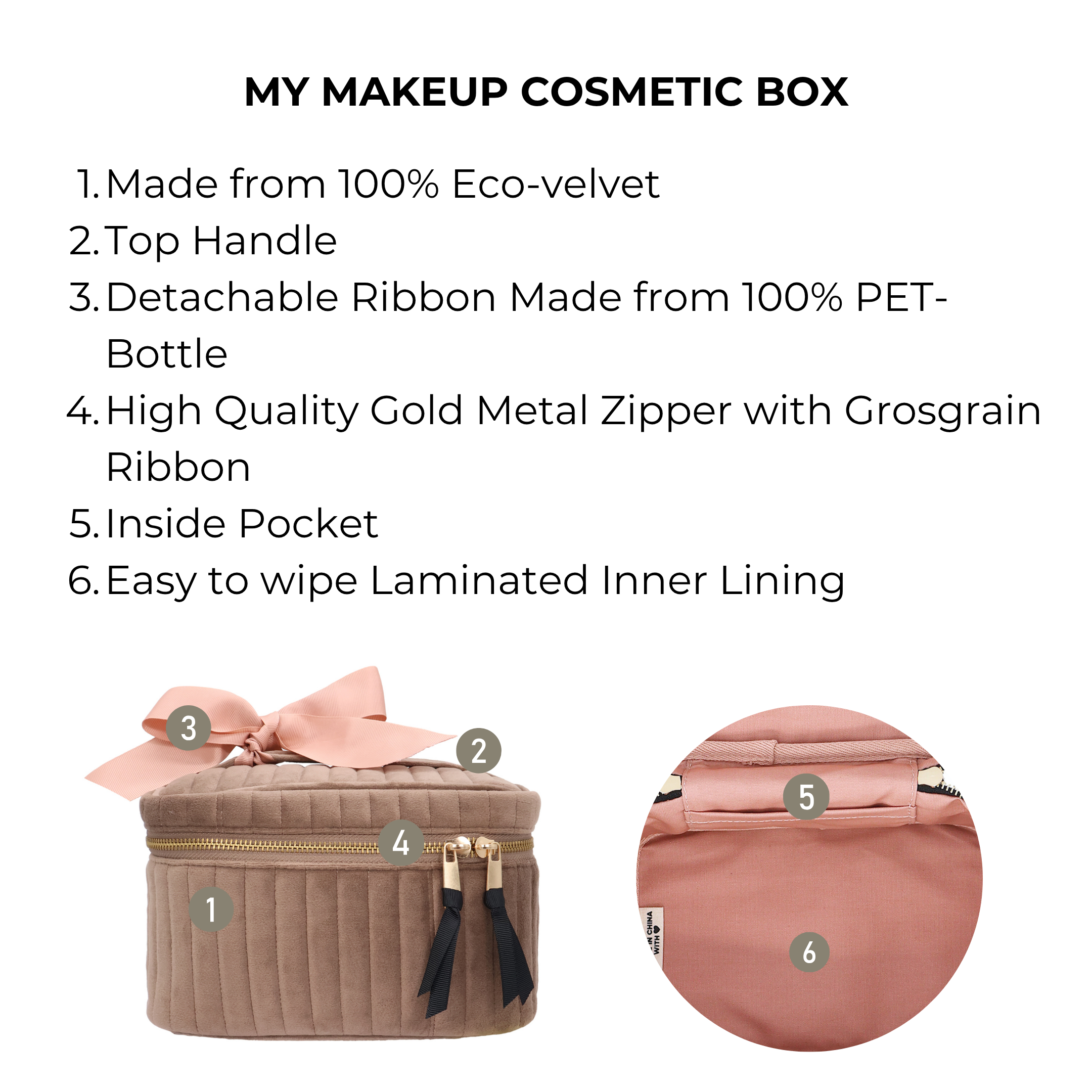 My Makeup Cosmetic Box – Quilted Eco Velvet – Latte Taupe