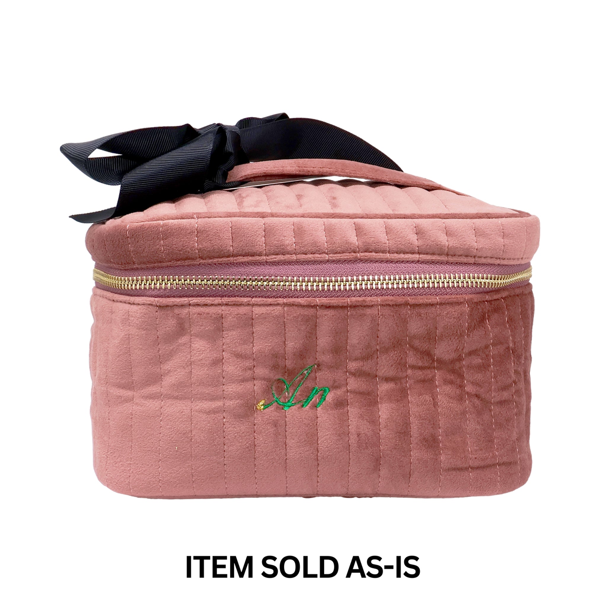SALES BIN - Makeup Case, S – Quilted Eco Velvet – Pink with personalized embroidery and black ribbon, stylish travel organizer by Bag-all Paris-designed brand