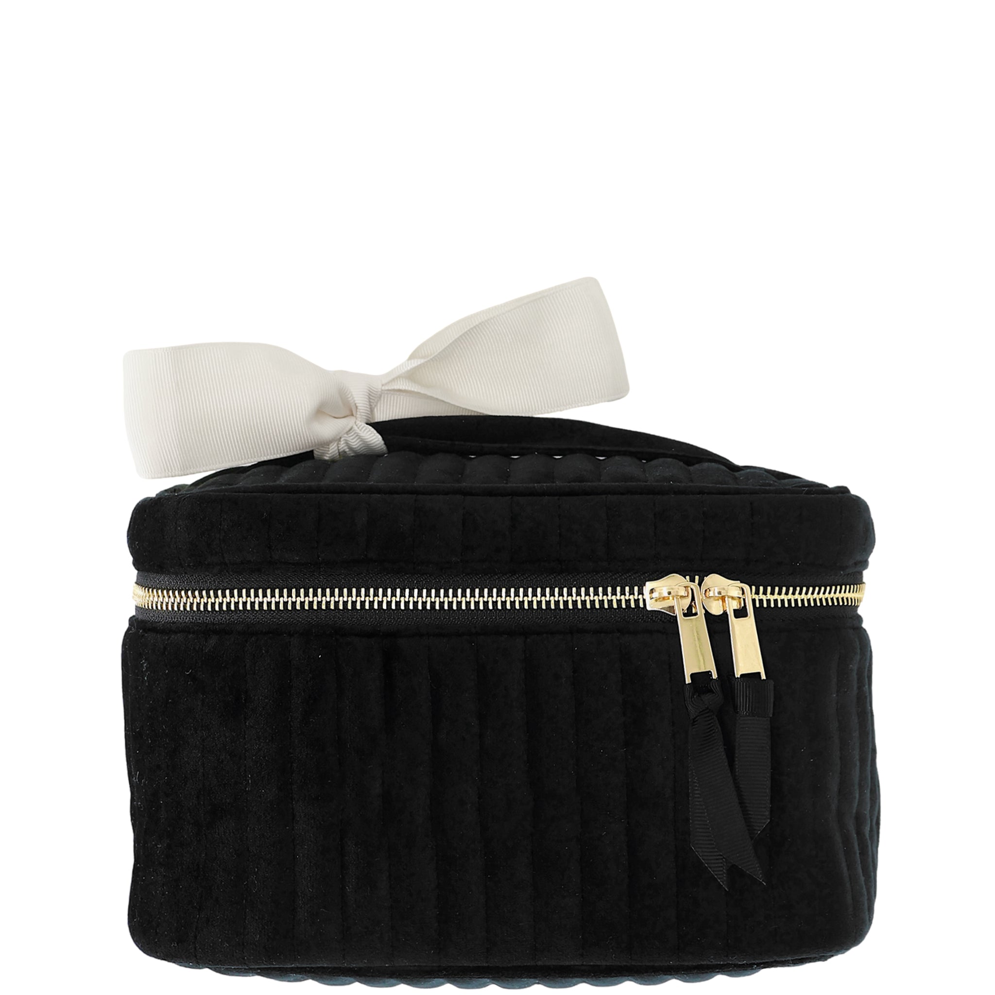 Bag-all black quilted eco velvet small makeup case with gold zipper and white bow handle for stylish storage