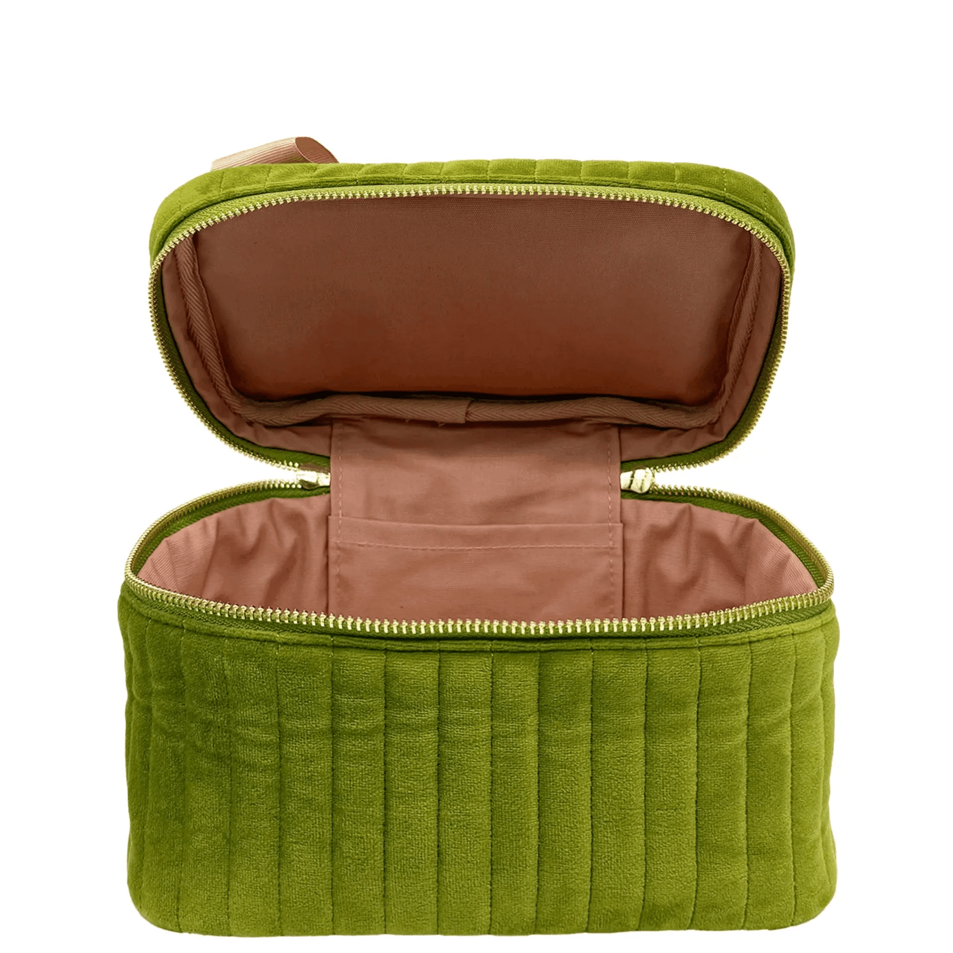 Bag-all eco velvet green makeup and jewelry case open showing pink interior in gallery position one view