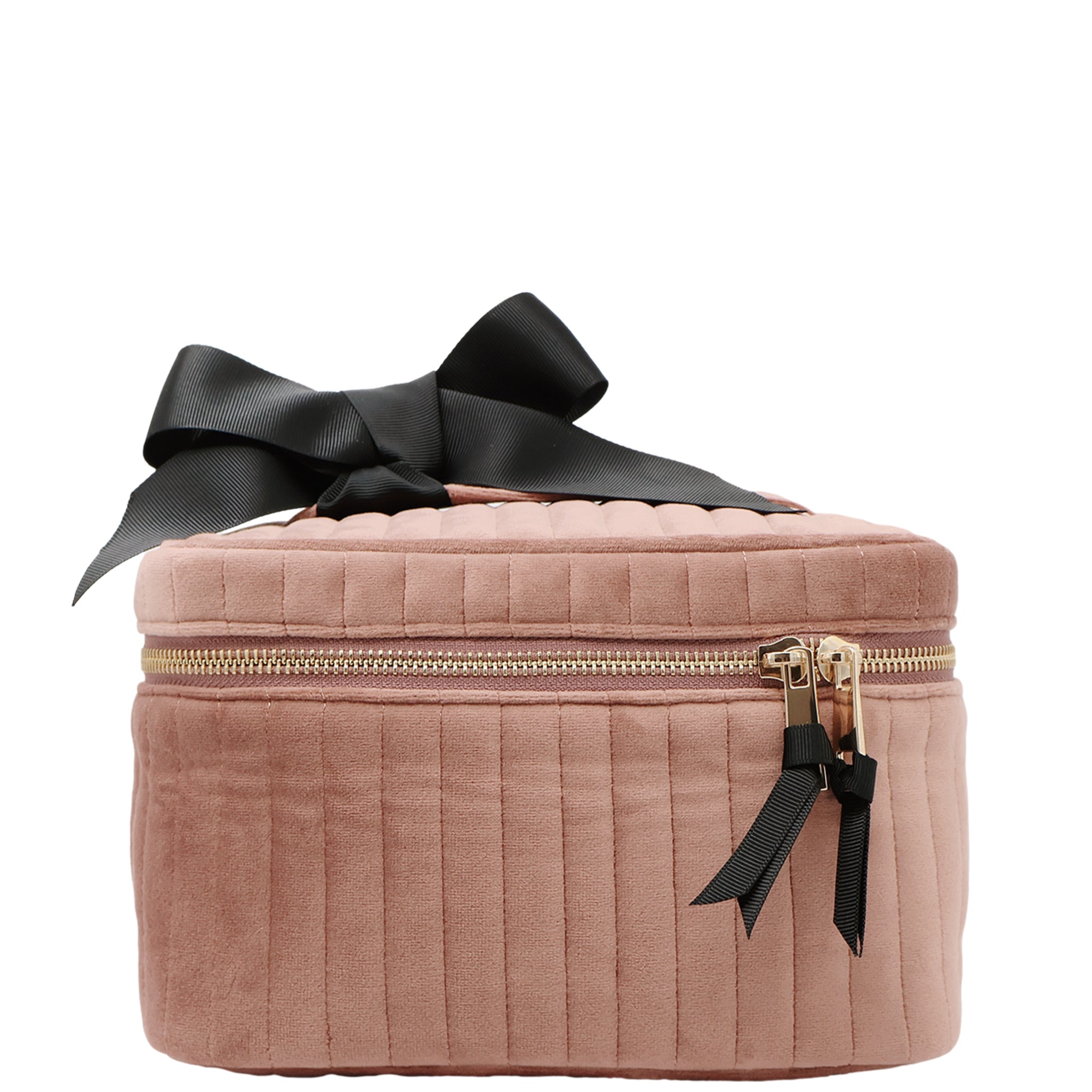 quilted pink eco velvet makeup case with gold zipper and black ribbon by Bag-all for stylish storage