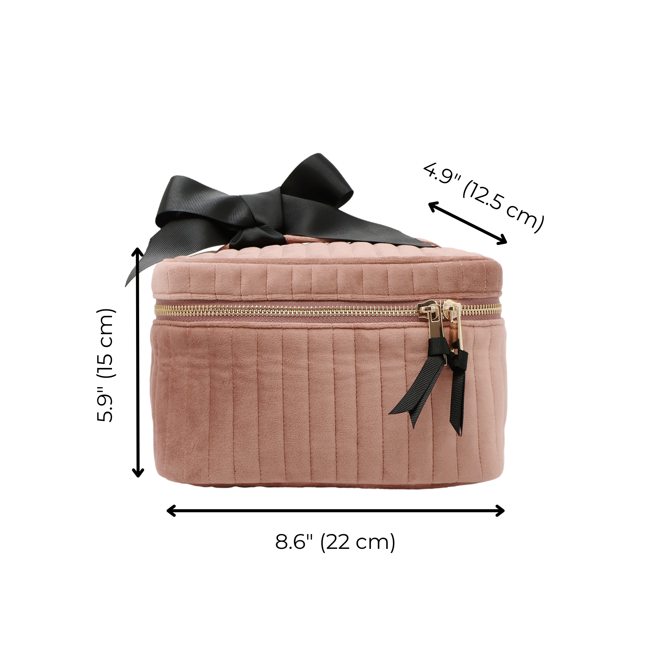 Bag-all quilted eco velvet pink makeup case with black ribbon and gold zipper, compact and stylish travel size