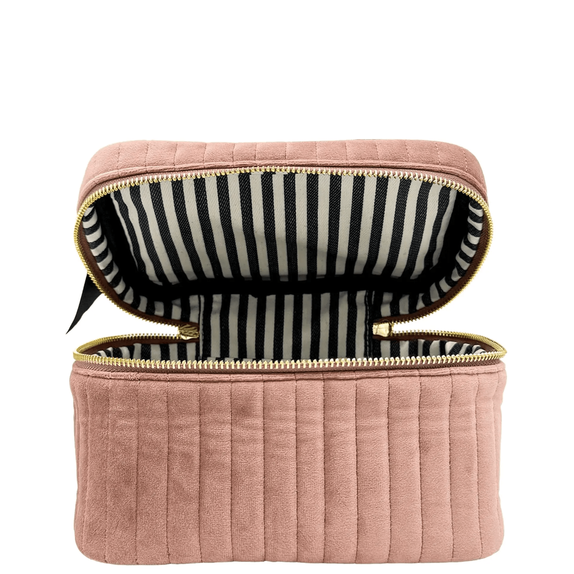 Pink quilted eco velvet makeup case with striped interior lining by Bag-all, compact and stylish for travel or home use