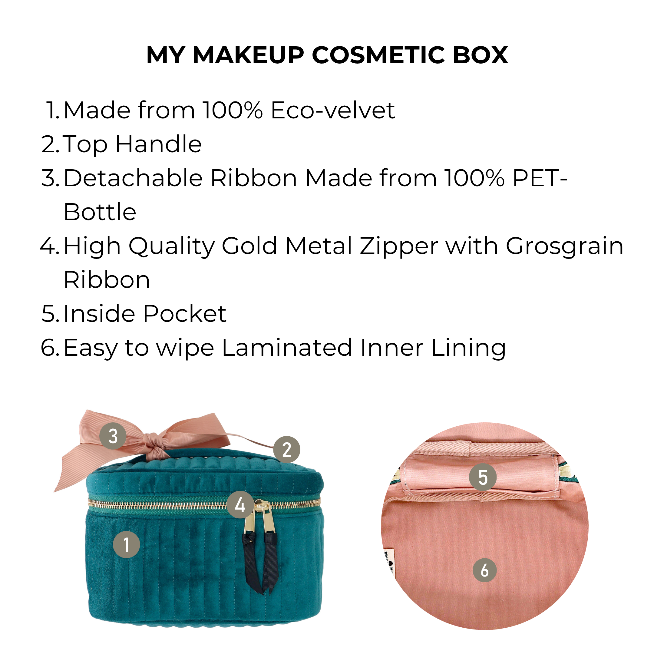 Quilted teal eco-velvet makeup case with gold zipper, inside pocket, top handle, and detachable PET ribbon by Bag-all