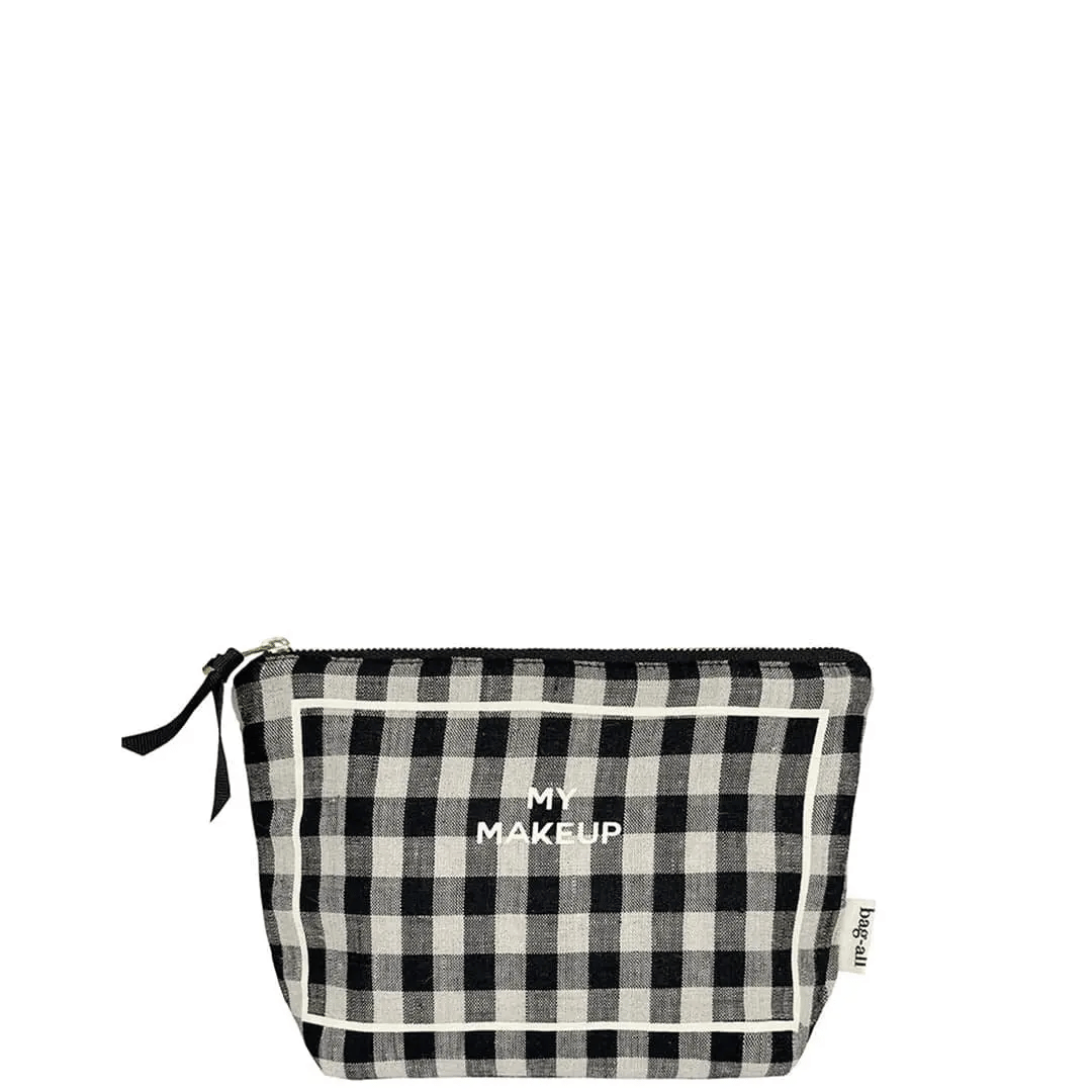 Best Makeup Bag – Gingham with black and white check pattern, embroidered text, crafted by Bag-all for stylish travel organization and personalized cotton bags.