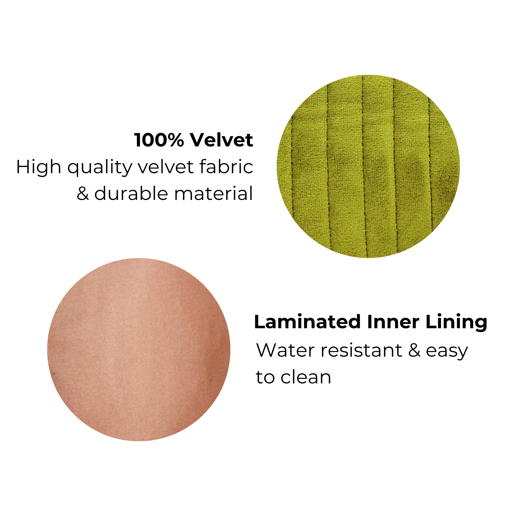 Close-up of green quilted velvet fabric and laminated inner lining details for Bag-all makeup pouch quality features