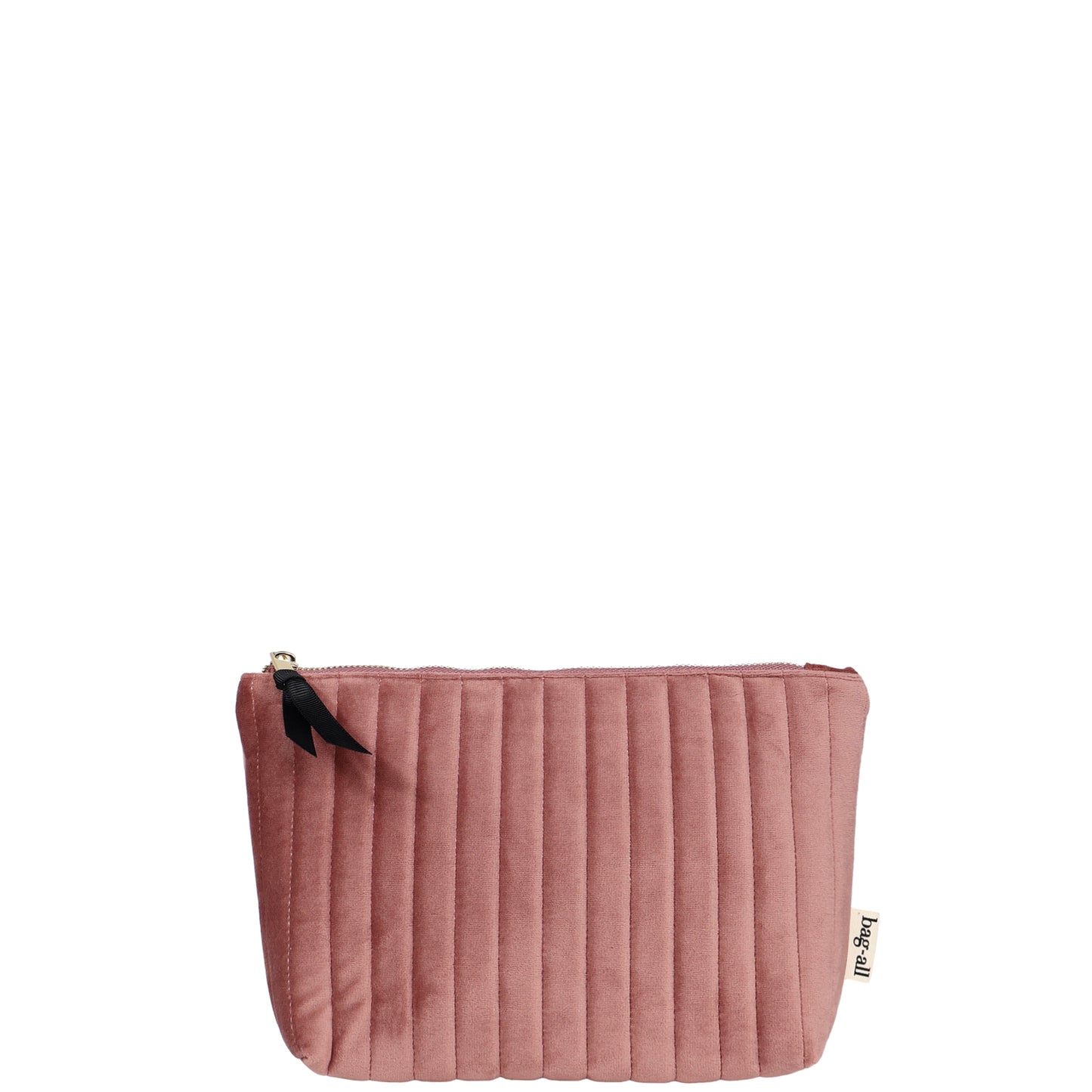 Pink quilted eco velvet makeup bag with black zipper pull and Bag-all tag on white background