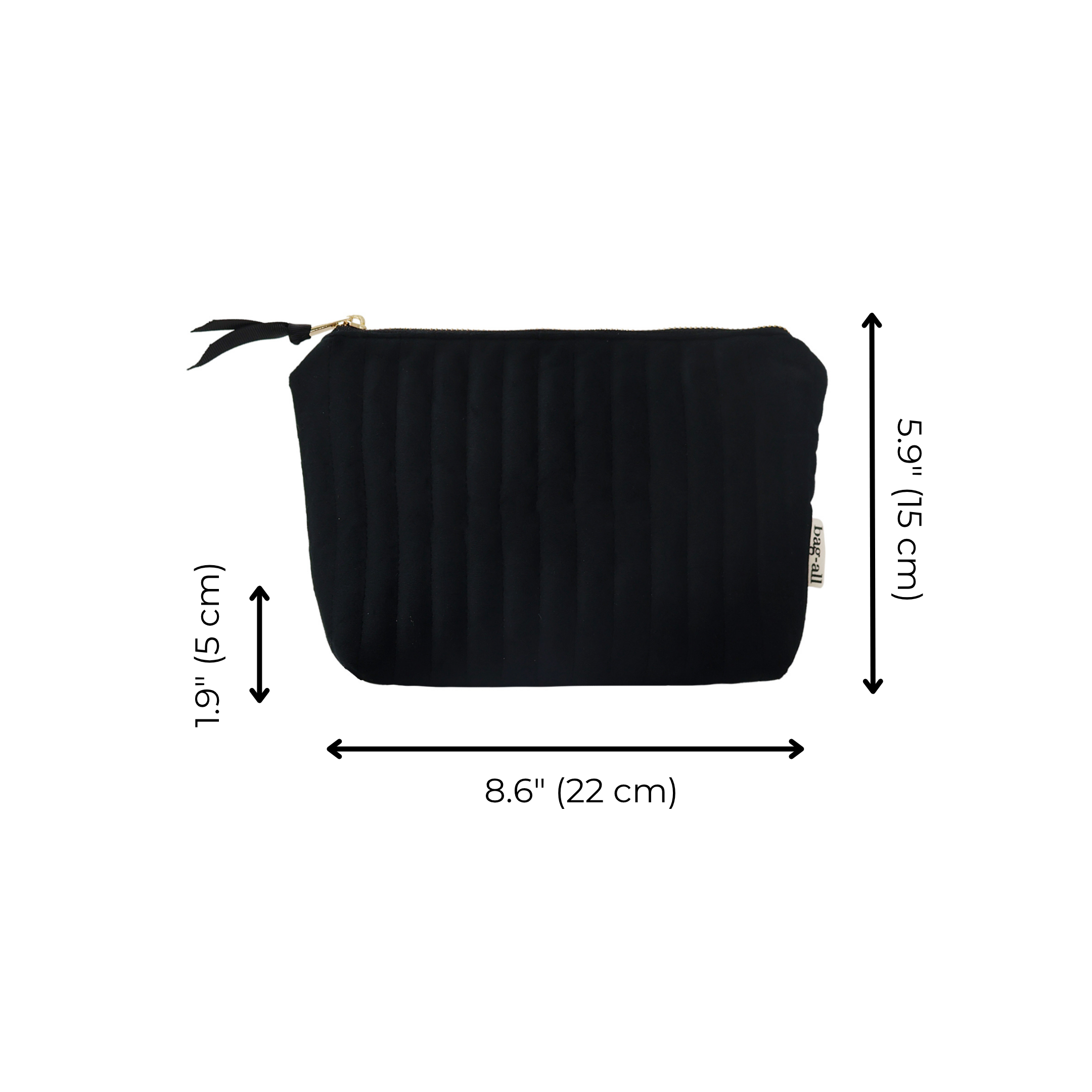 Black quilted eco velvet makeup bag with zipper, compact size, stylish and practical by Bag-all