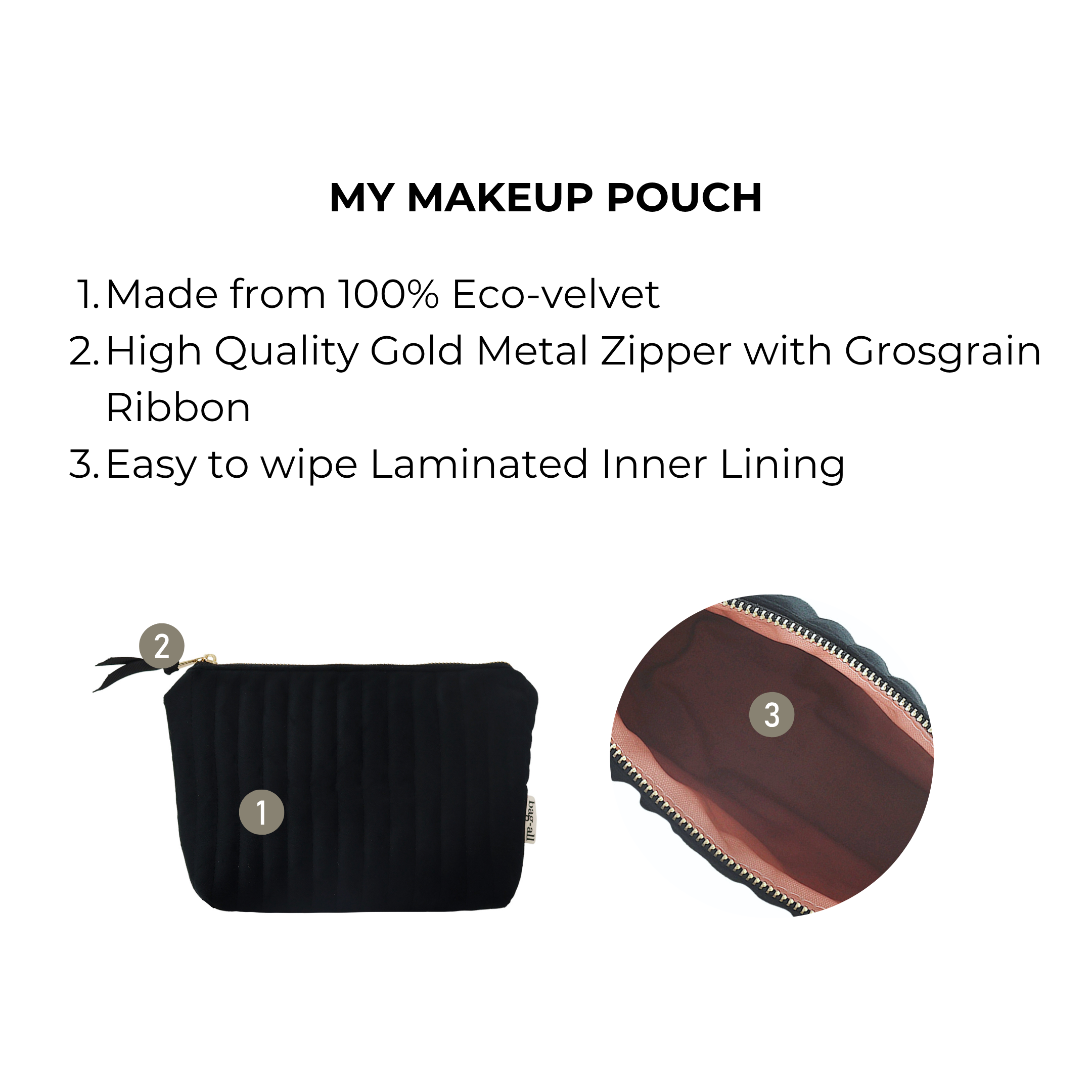 Black quilted eco velvet makeup pouch with gold zipper and easy wipe laminated lining by Bag-all