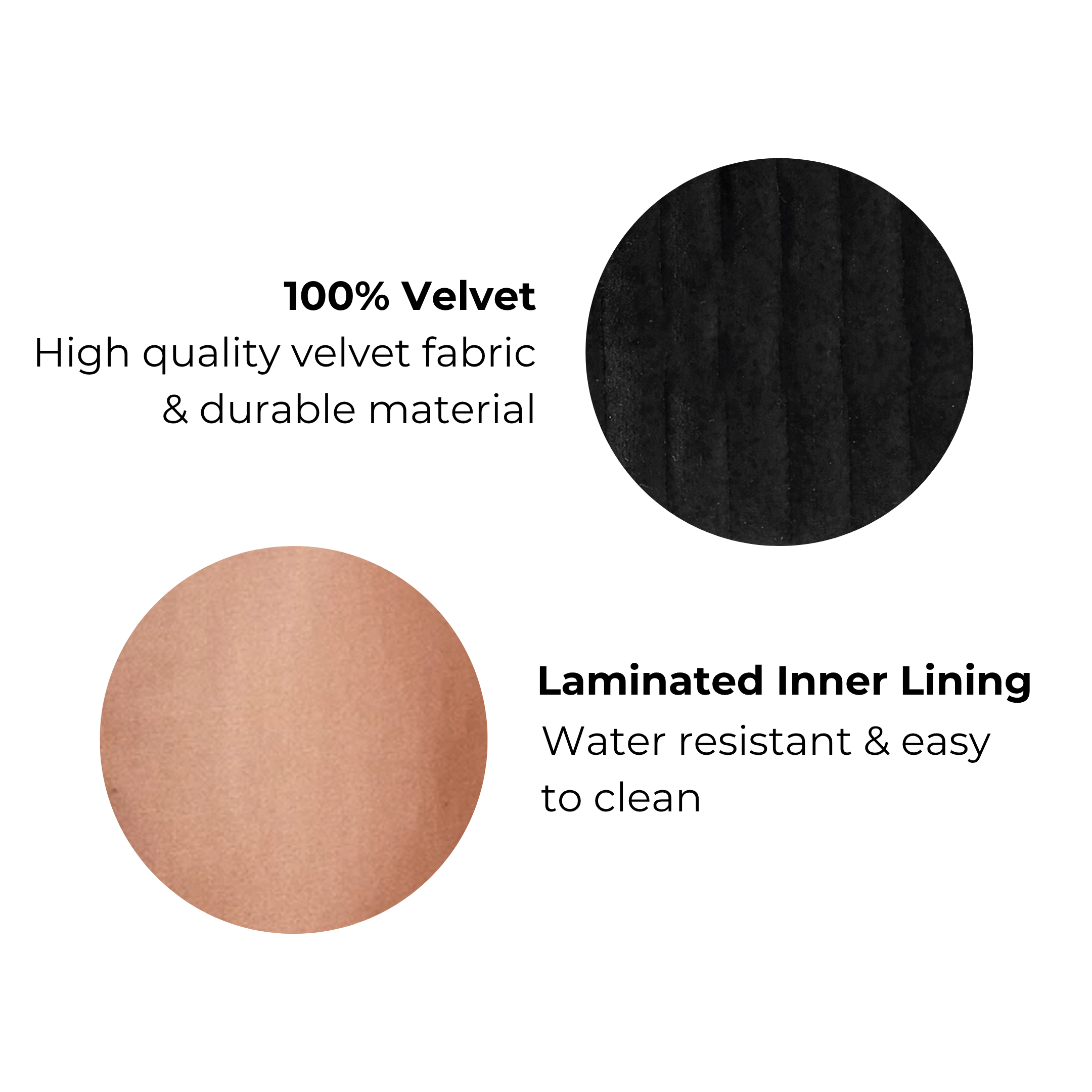 Close-up of Bag-all quilted black velvet fabric and laminated inner lining water resistant and easy to clean textures