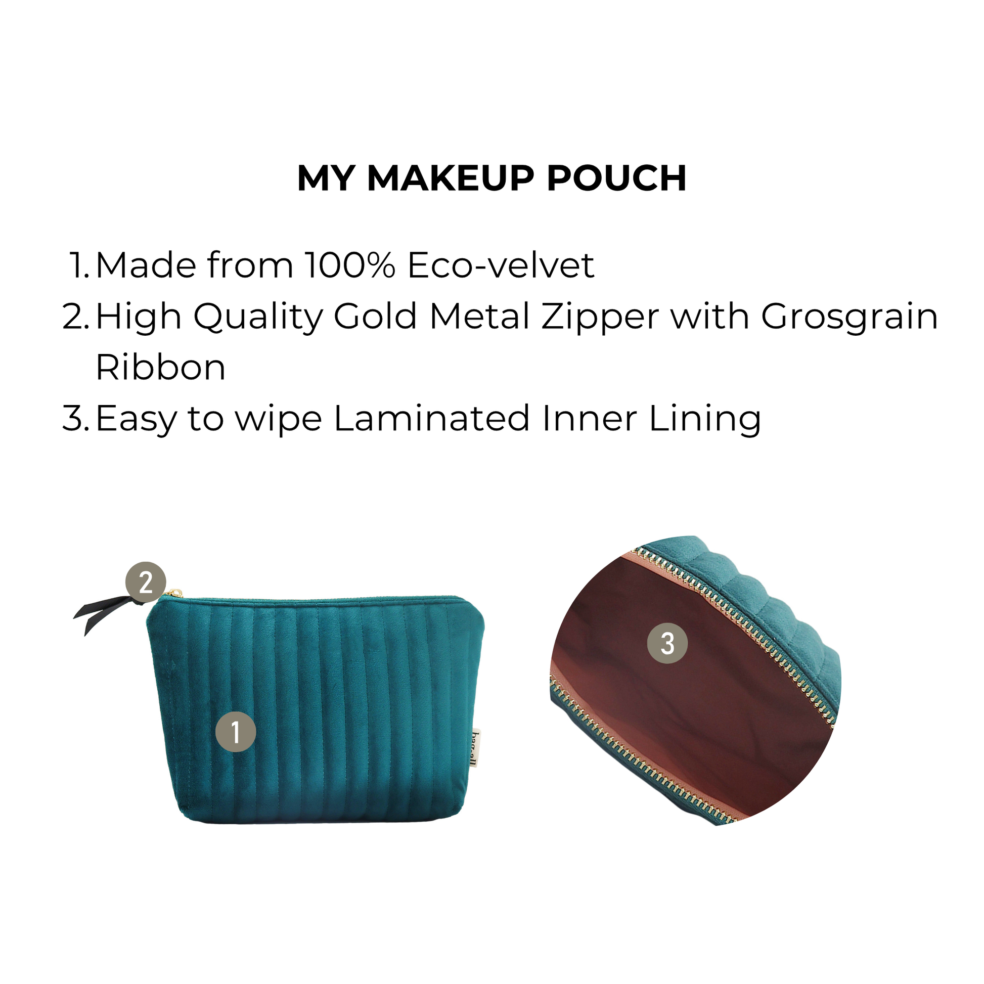 Bag-all teal quilted makeup bag made from eco-velvet with gold zipper and easy-clean laminated lining