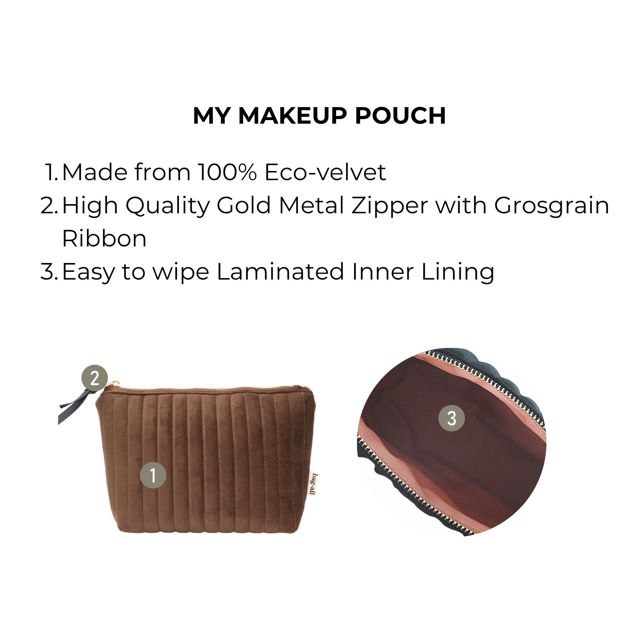 My Makeup Pouch, Coated Lining – Quilted Eco Velvet – Espresso Brown
